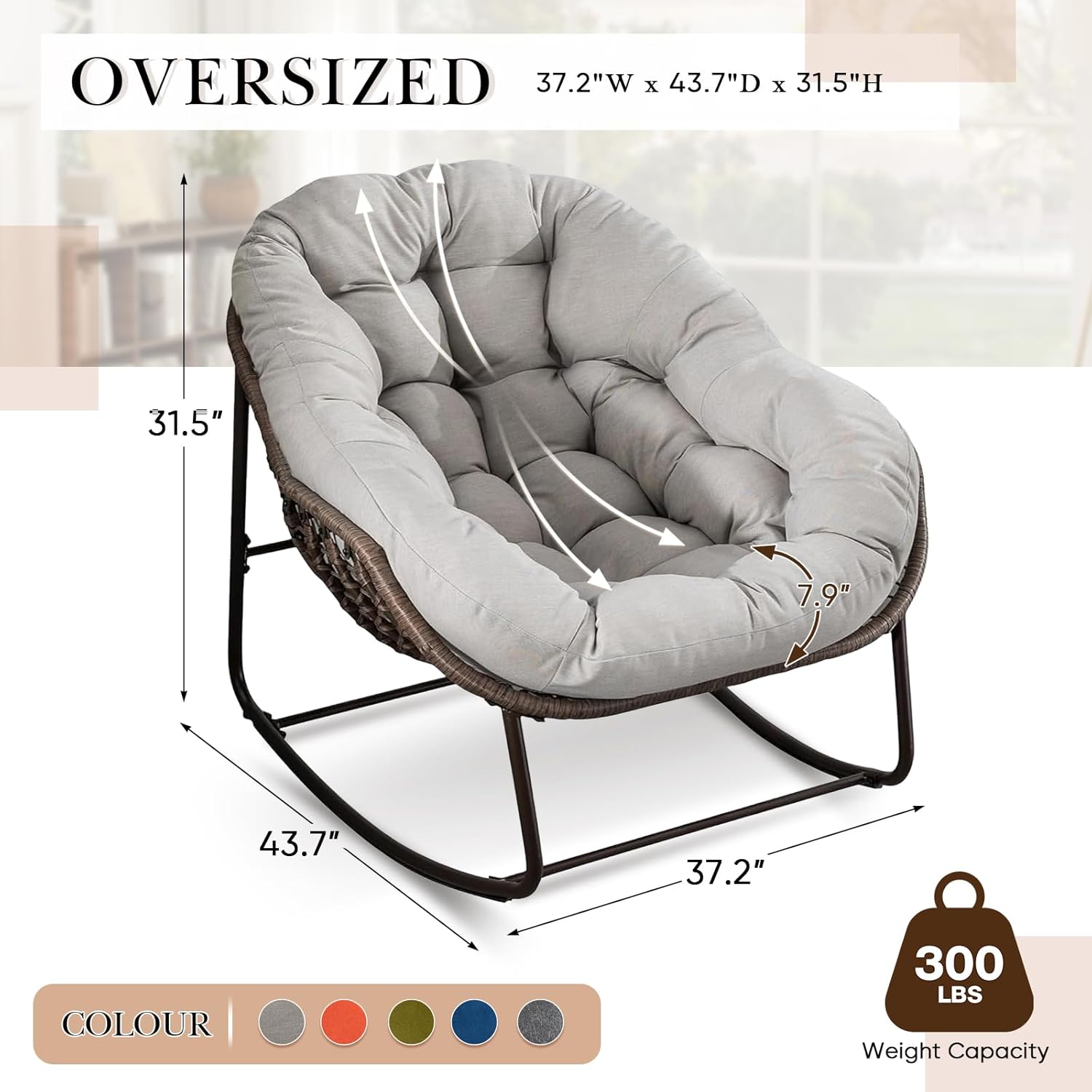 Large Indoor Outdoor Rocking Chair, Oversized Rocking Papasan Chair with Thick Cushion and Frame Outdoor Rocker, Comfy Wicker Egg Chairs Lounge for Outside Porch Patio Backyard Balcony