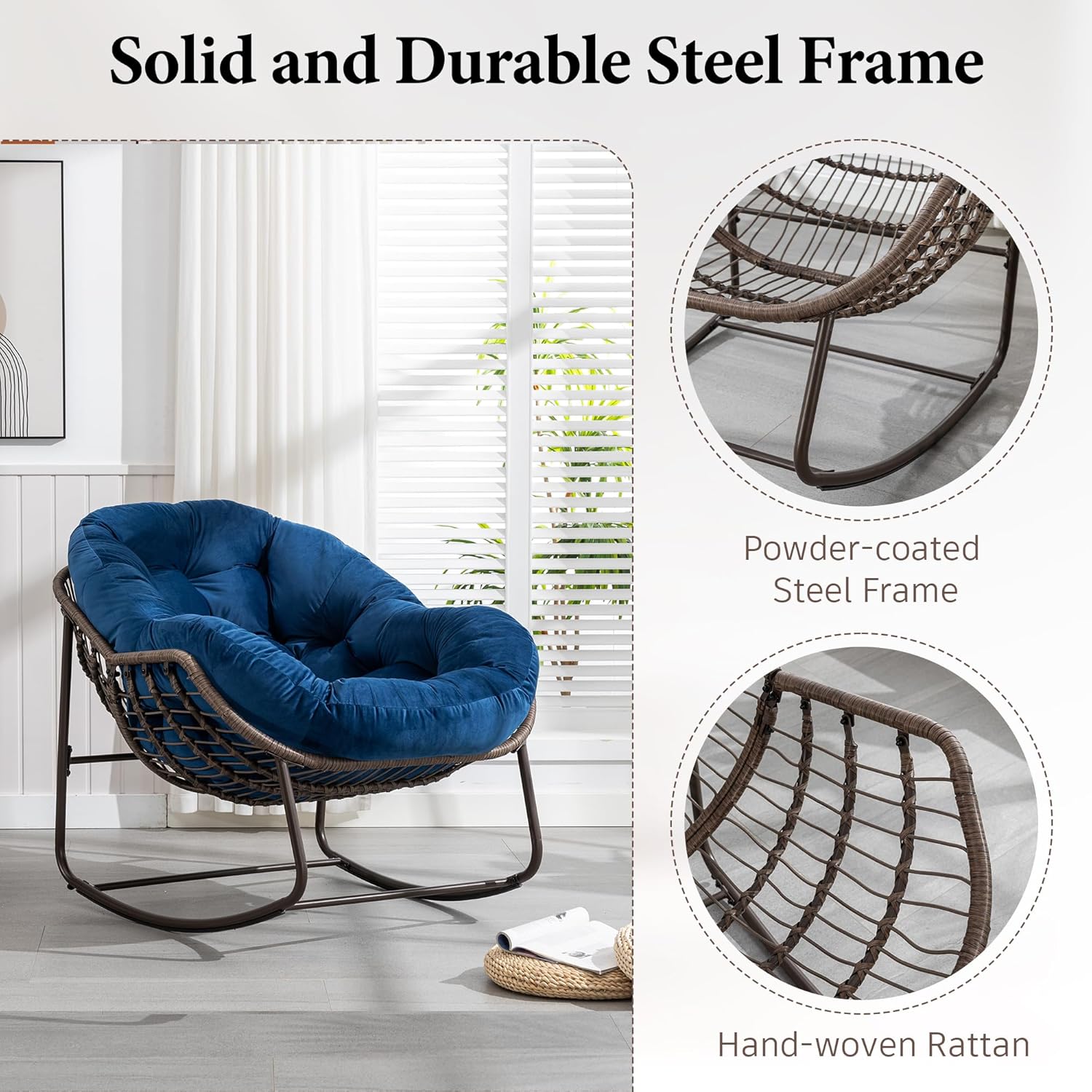 Large Indoor Outdoor Rocking Chair, Oversized Rocking Papasan Chair with Thick Cushion and Frame Outdoor Rocker, Comfy Wicker Egg Chairs Lounge for Outside Porch Patio Backyard Balcony