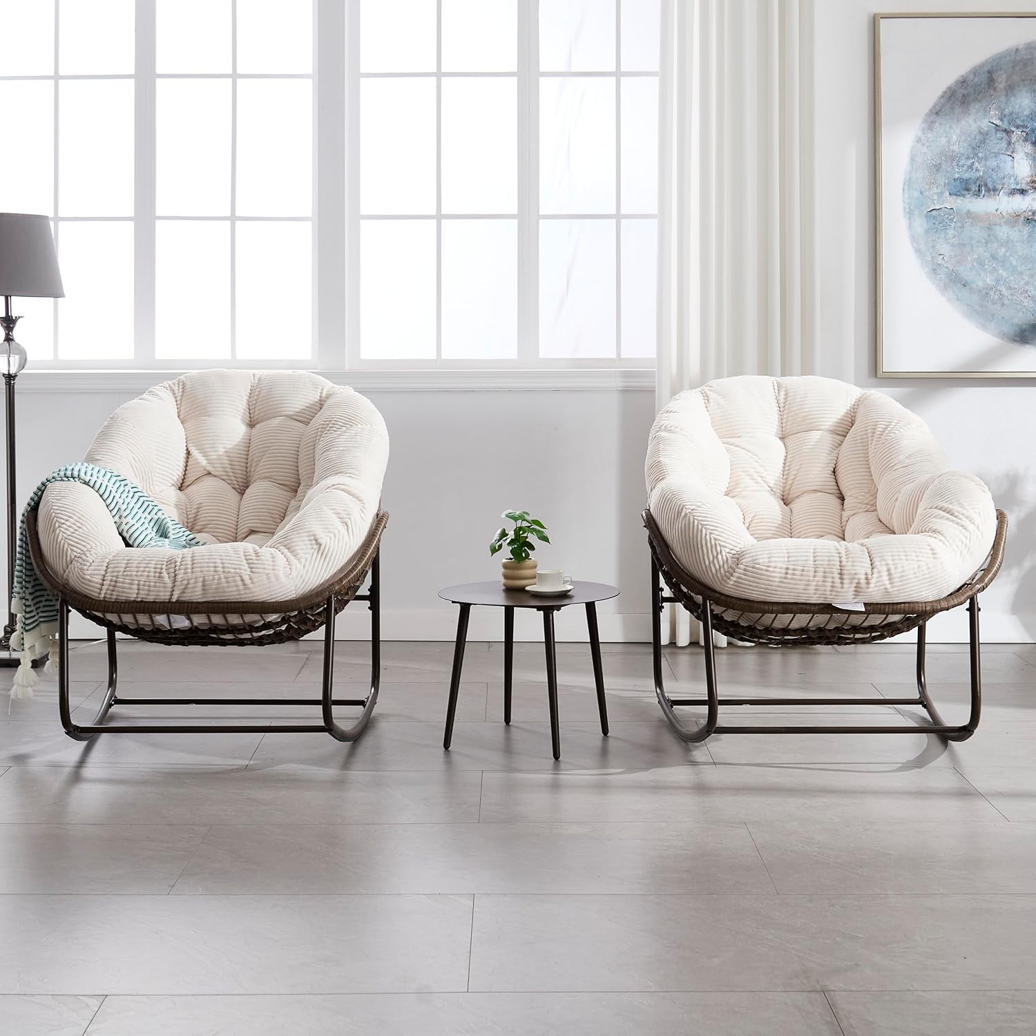 Large Indoor Outdoor Rocking Chair, Oversized Rocking Papasan Chair with Thick Cushion and Frame Outdoor Rocker, Comfy Wicker Egg Chairs Lounge for Outside Porch Patio Backyard Balcony