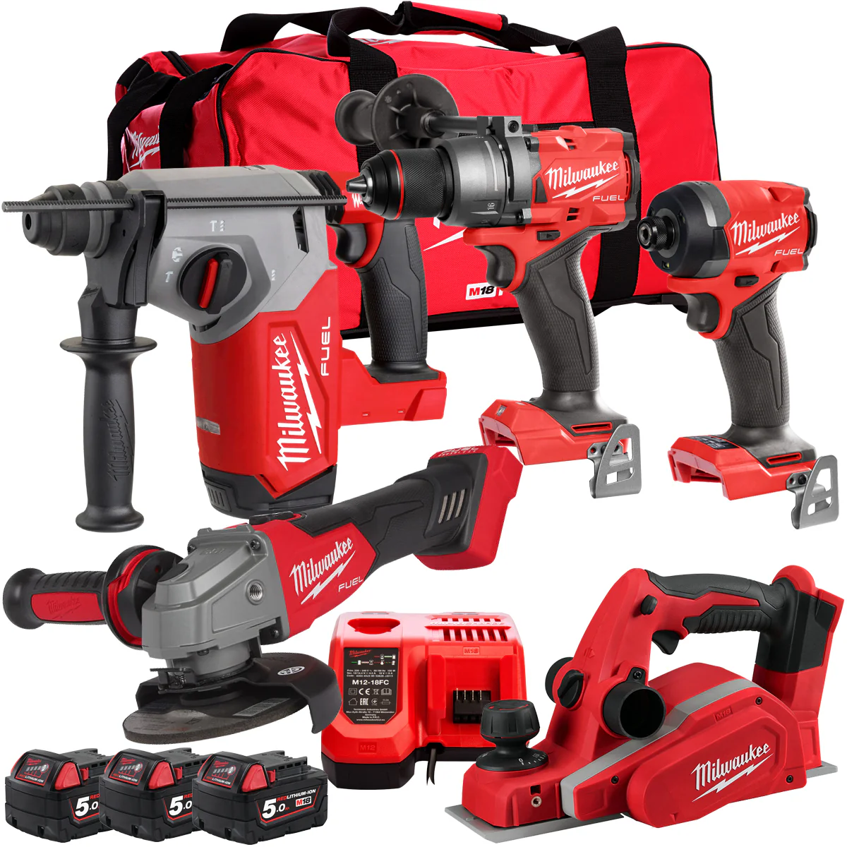18V Cordless 5 Piece Tool Kit with 3 x 5.0Ah Batteries & Charger in Ba