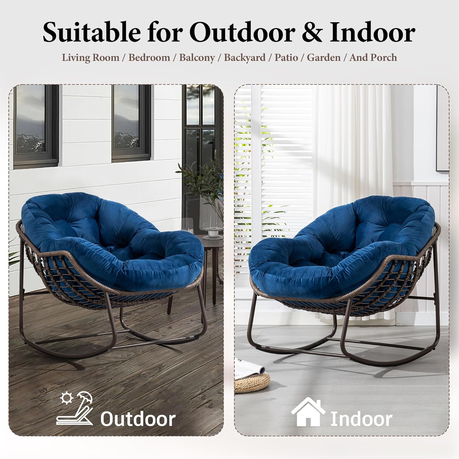 Large Indoor Outdoor Rocking Chair, Oversized Rocking Papasan Chair with Thick Cushion and Frame Outdoor Rocker, Comfy Wicker Egg Chairs Lounge for Outside Porch Patio Backyard Balcony