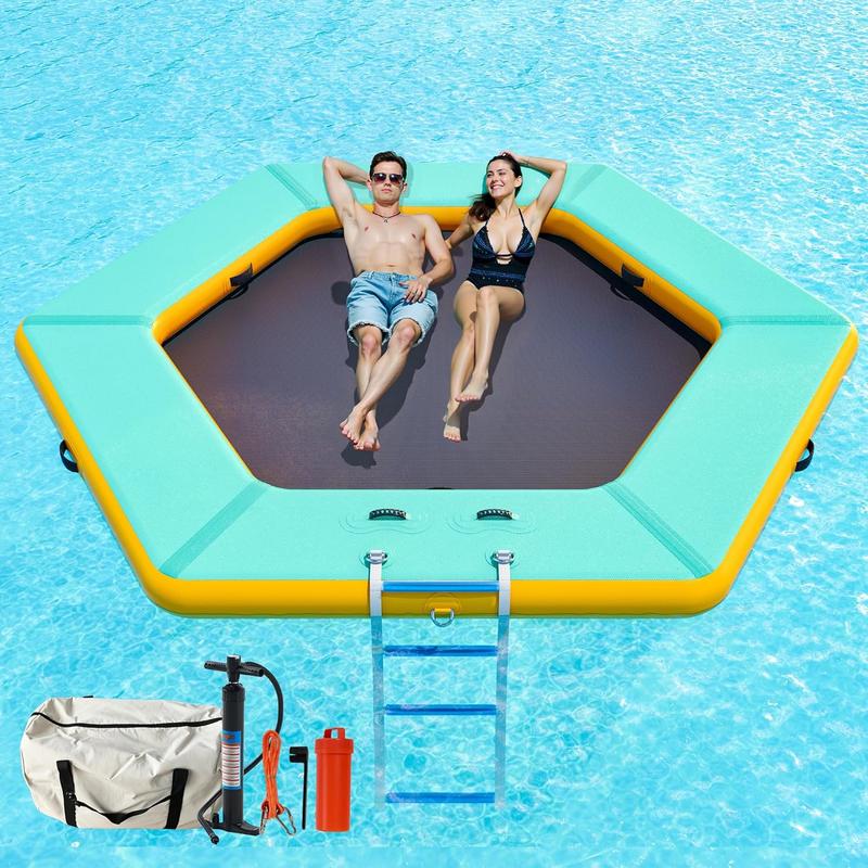 AMERLIFE Inflatable Floating Dock & Water Hammock Combo – Heavy Duty PVC Raft with Non-Slip EVA Surface, Mesh Bed, Rope & Soft Ladder, Cup Holders – Perfect for Pool, Lake, Beach, or Ocean