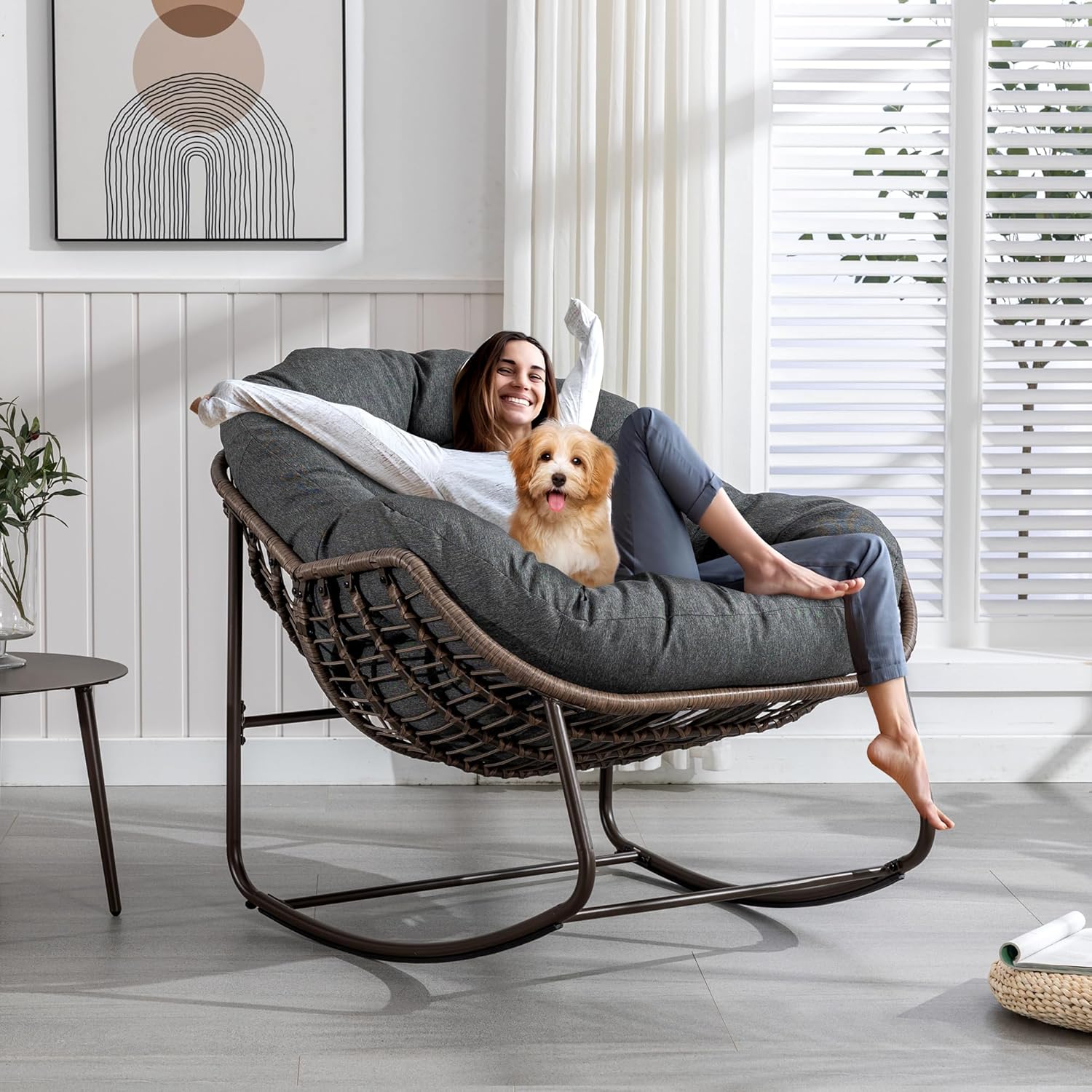 Large Indoor Outdoor Rocking Chair, Oversized Rocking Papasan Chair with Thick Cushion and Frame Outdoor Rocker, Comfy Wicker Egg Chairs Lounge for Outside Porch Patio Backyard Balcony