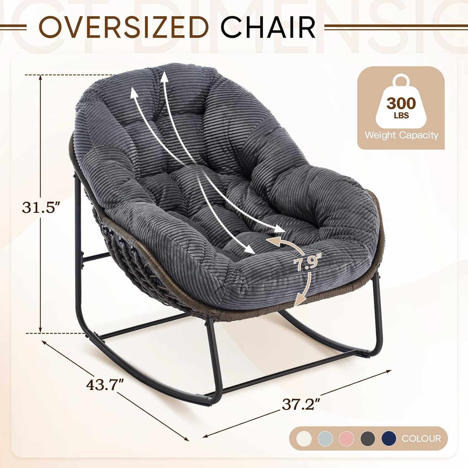 Large Indoor Outdoor Rocking Chair, Oversized Rocking Papasan Chair with Thick Cushion and Frame Outdoor Rocker, Comfy Wicker Egg Chairs Lounge for Outside Porch Patio Backyard Balcony