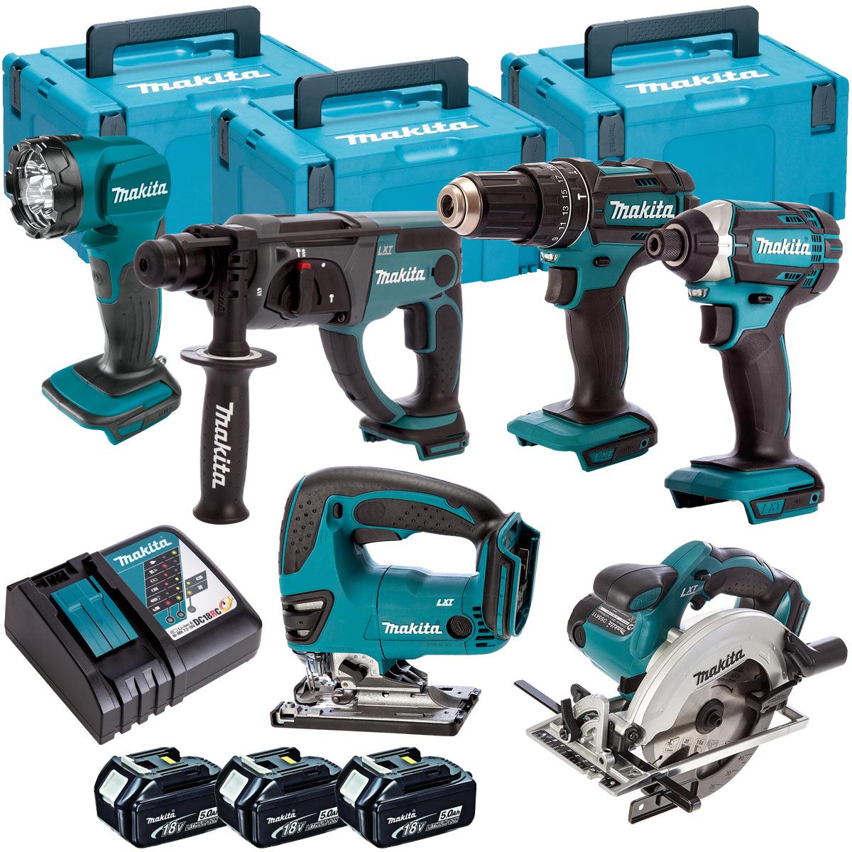 Makita 6 Piece Kit 18V Li-ion with 3 x 5.0Ah Batteries & Charger T4TKI