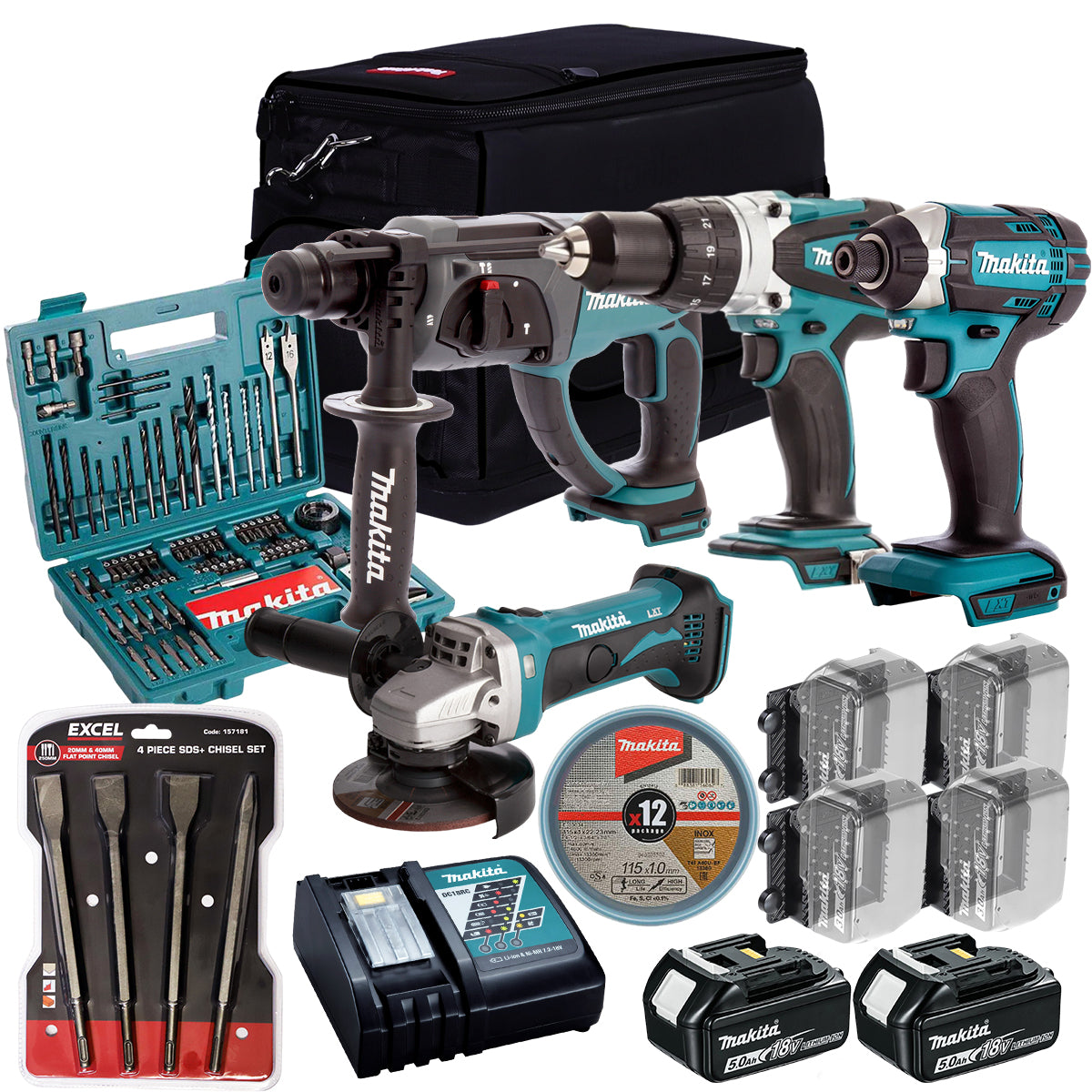 Makita 18V 4 Piece Combo Kit with 2 x 5.0Ah Battery Charger & Accessories Set T4TKIT-17212