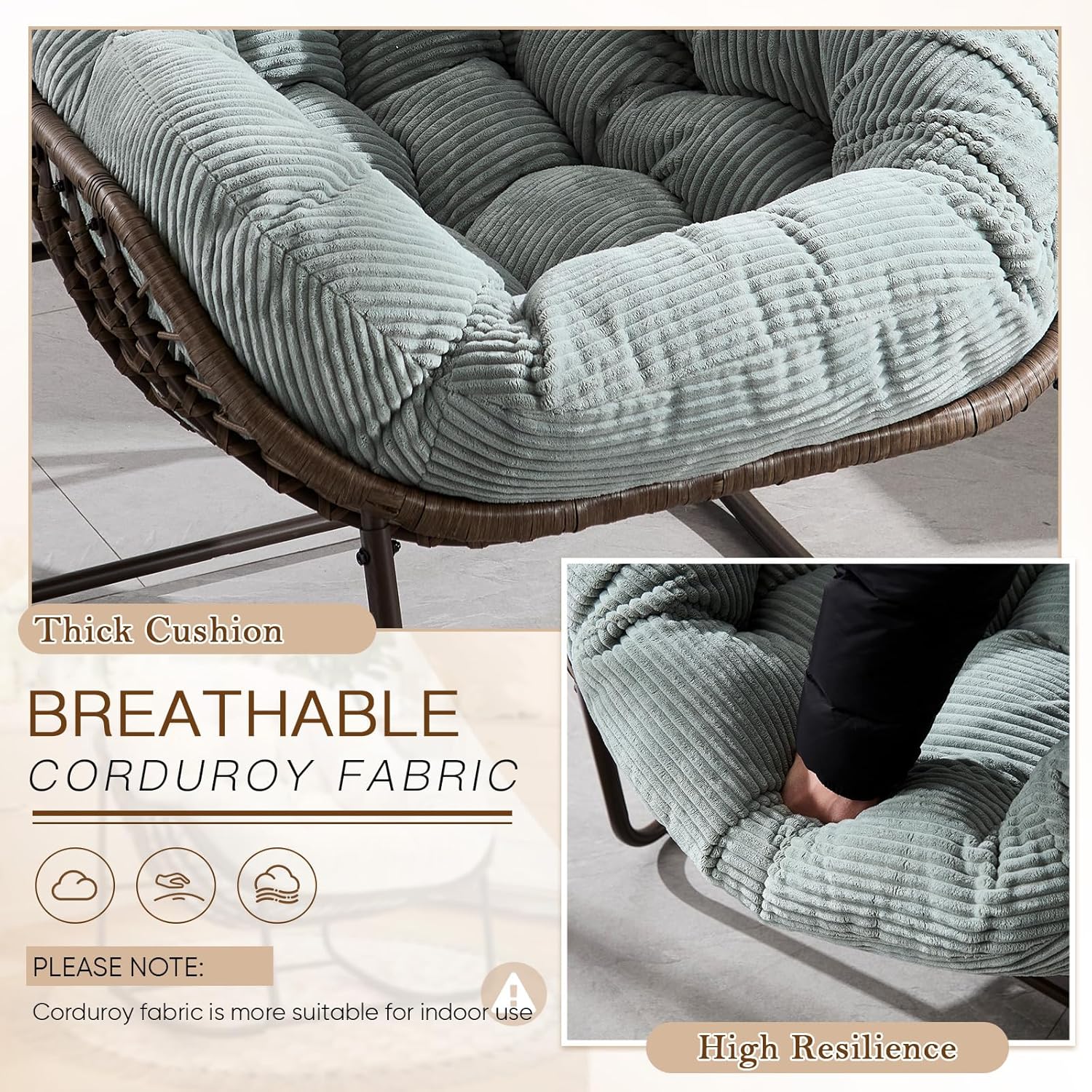 Large Indoor Outdoor Rocking Chair, Oversized Rocking Papasan Chair with Thick Cushion and Frame Outdoor Rocker, Comfy Wicker Egg Chairs Lounge for Outside Porch Patio Backyard Balcony