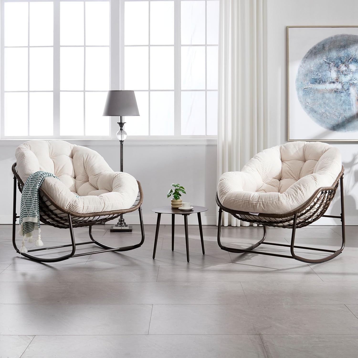 Large Indoor Outdoor Rocking Chair, Oversized Rocking Papasan Chair with Thick Cushion and Frame Outdoor Rocker, Comfy Wicker Egg Chairs Lounge for Outside Porch Patio Backyard Balcony