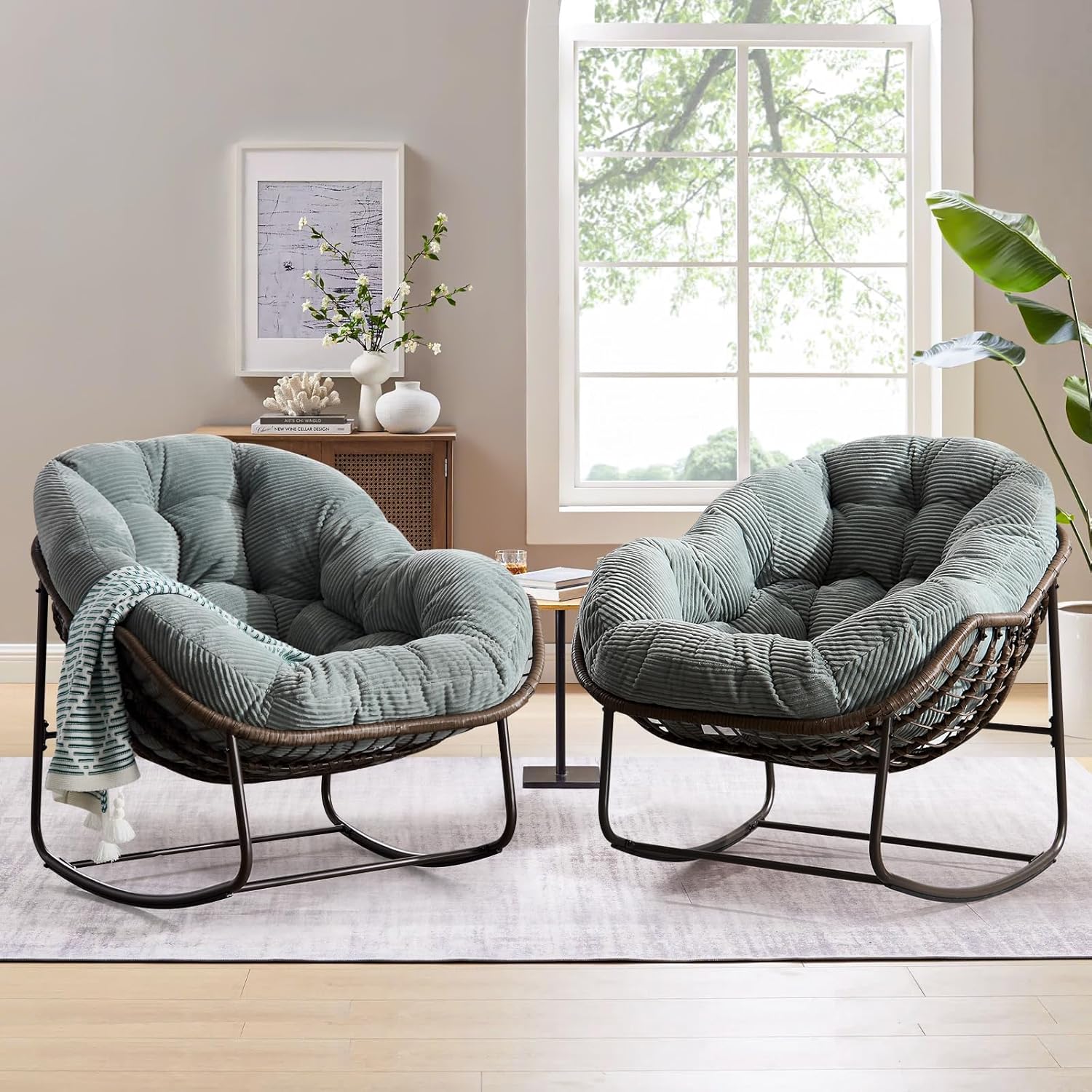 Large Indoor Outdoor Rocking Chair, Oversized Rocking Papasan Chair with Thick Cushion and Frame Outdoor Rocker, Comfy Wicker Egg Chairs Lounge for Outside Porch Patio Backyard Balcony