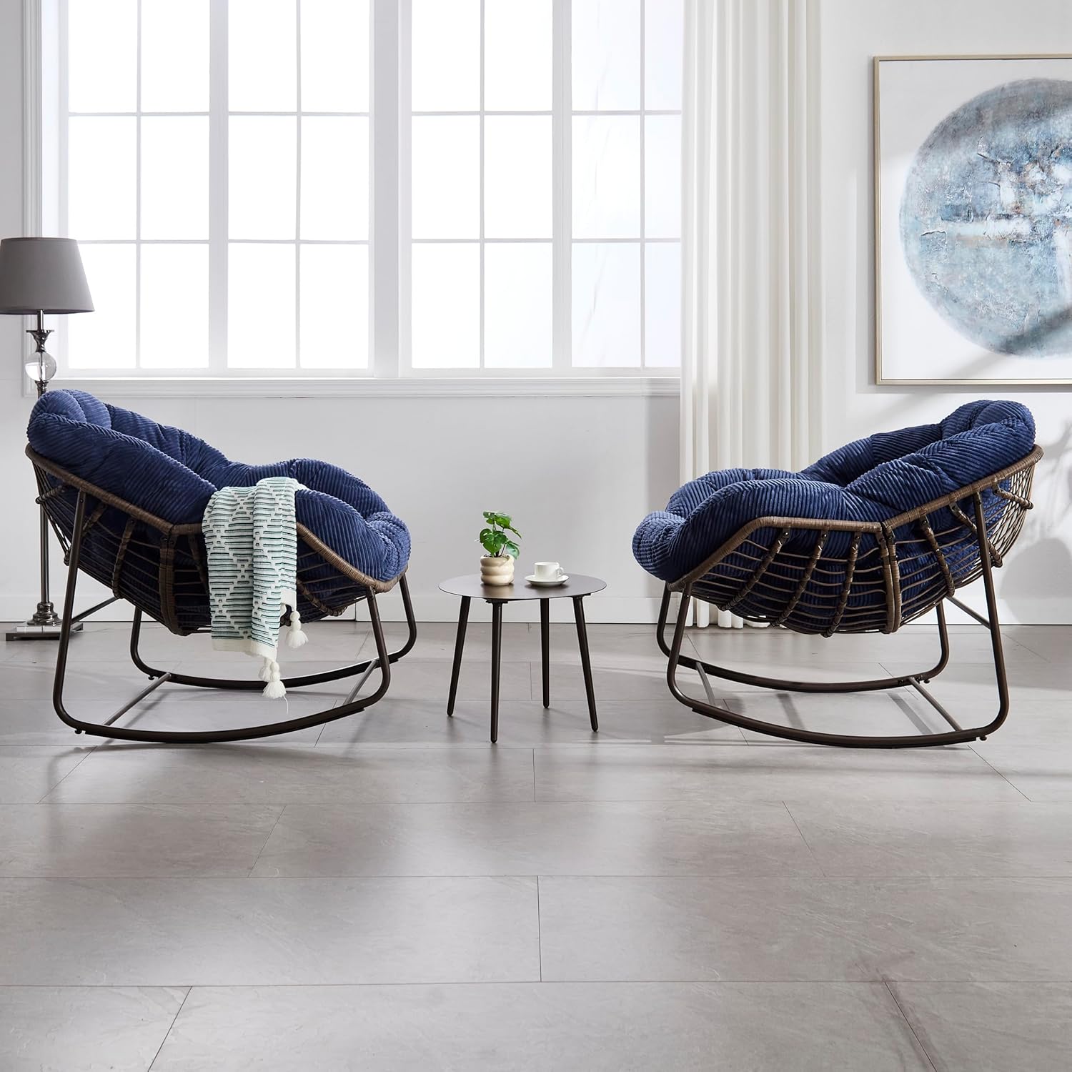 Large Indoor Outdoor Rocking Chair, Oversized Rocking Papasan Chair with Thick Cushion and Frame Outdoor Rocker, Comfy Wicker Egg Chairs Lounge for Outside Porch Patio Backyard Balcony