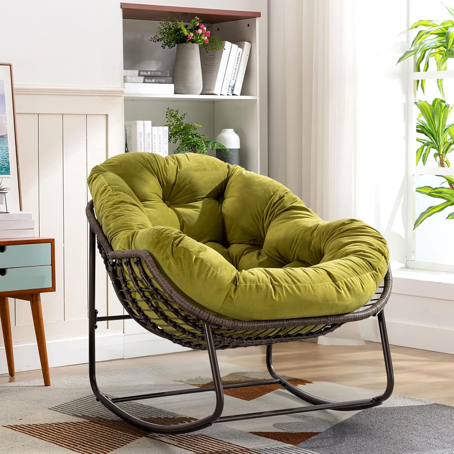 Large Indoor Outdoor Rocking Chair, Oversized Rocking Papasan Chair with Thick Cushion and Frame Outdoor Rocker, Comfy Wicker Egg Chairs Lounge for Outside Porch Patio Backyard Balcony