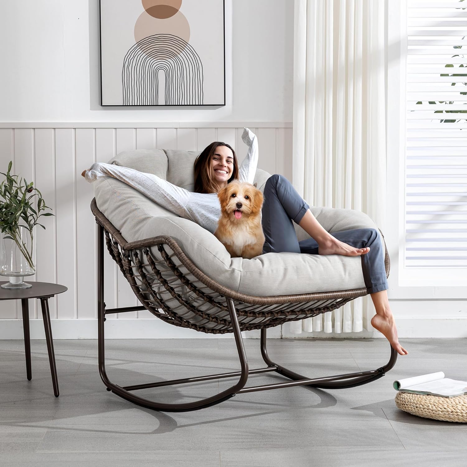 Large Indoor Outdoor Rocking Chair, Oversized Rocking Papasan Chair with Thick Cushion and Frame Outdoor Rocker, Comfy Wicker Egg Chairs Lounge for Outside Porch Patio Backyard Balcony