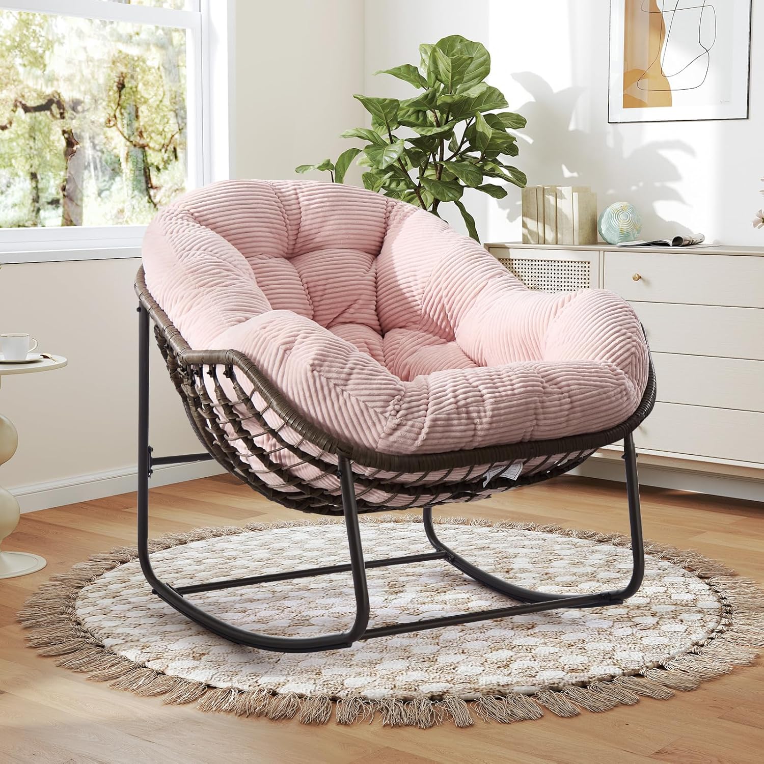 Large Indoor Outdoor Rocking Chair, Oversized Rocking Papasan Chair with Thick Cushion and Frame Outdoor Rocker, Comfy Wicker Egg Chairs Lounge for Outside Porch Patio Backyard Balcony