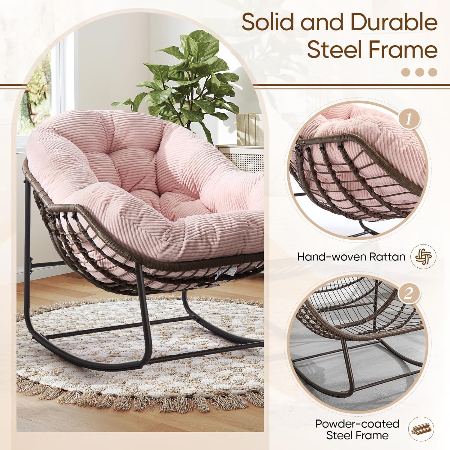 Large Indoor Outdoor Rocking Chair, Oversized Rocking Papasan Chair with Thick Cushion and Frame Outdoor Rocker, Comfy Wicker Egg Chairs Lounge for Outside Porch Patio Backyard Balcony