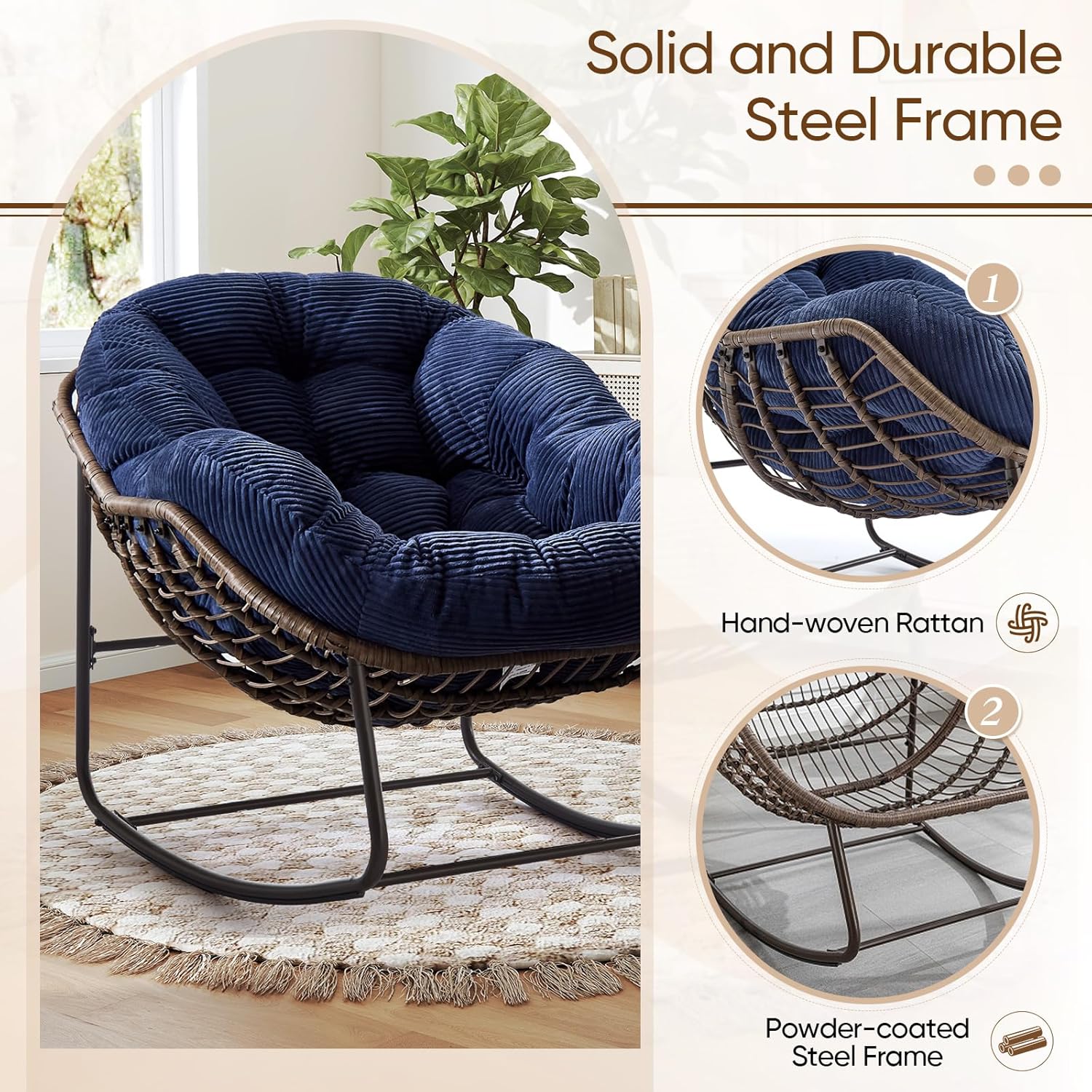 Large Indoor Outdoor Rocking Chair, Oversized Rocking Papasan Chair with Thick Cushion and Frame Outdoor Rocker, Comfy Wicker Egg Chairs Lounge for Outside Porch Patio Backyard Balcony