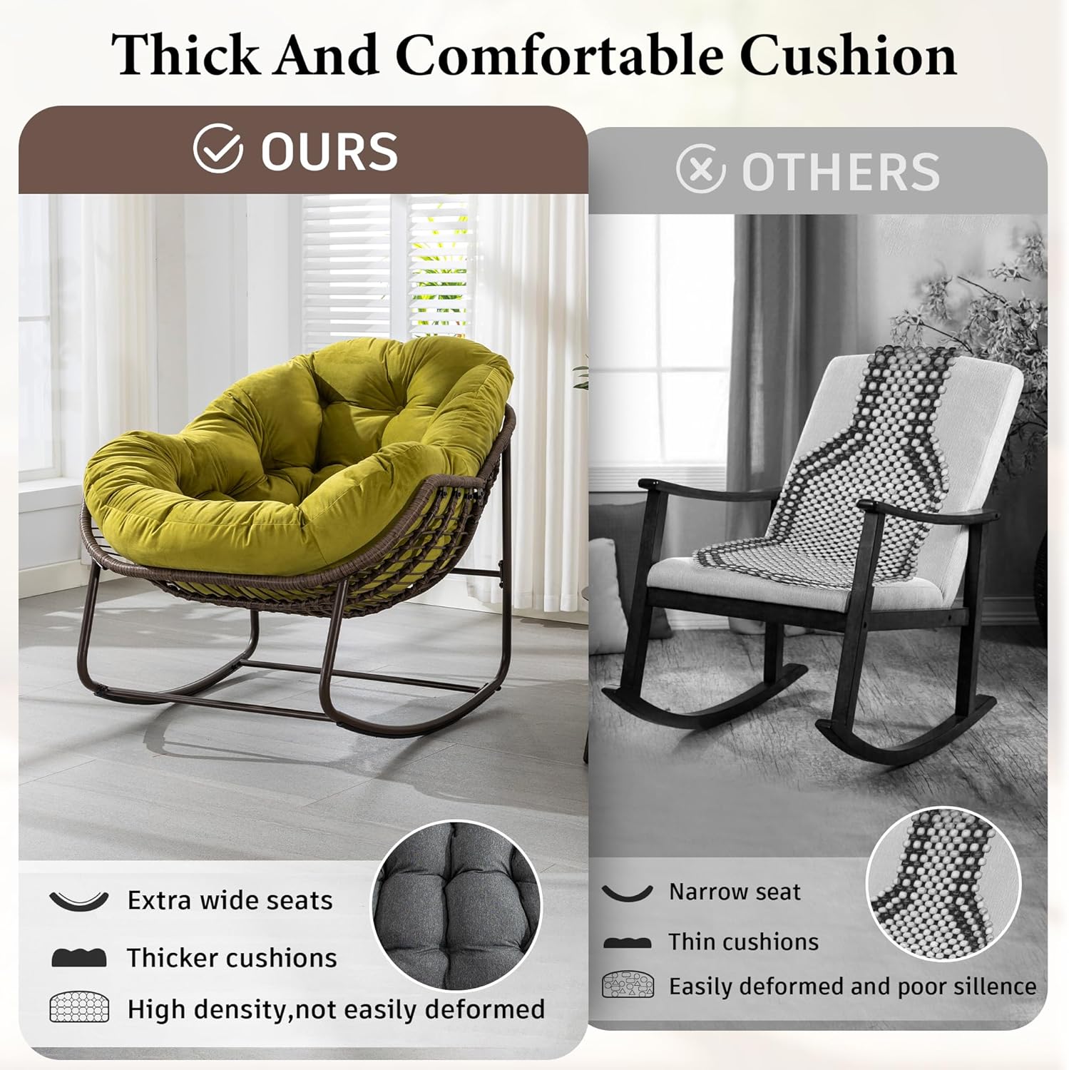 Large Indoor Outdoor Rocking Chair, Oversized Rocking Papasan Chair with Thick Cushion and Frame Outdoor Rocker, Comfy Wicker Egg Chairs Lounge for Outside Porch Patio Backyard Balcony