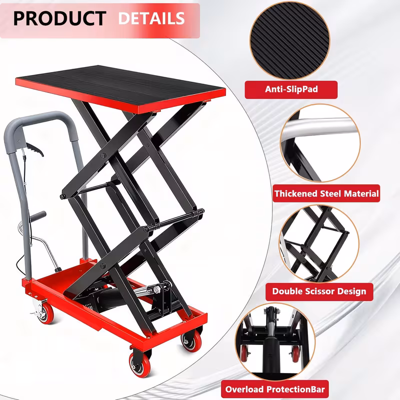 Hydraulic Lift Table Cart, Adjustable Height | 50-Inch Maximum Height | Four-Wheel Mobility | 330 lbs | 550 lbs | 770 lbs | 1760 lbs