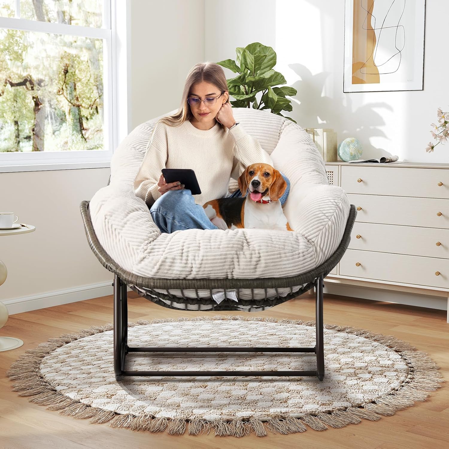 Large Indoor Outdoor Rocking Chair, Oversized Rocking Papasan Chair with Thick Cushion and Frame Outdoor Rocker, Comfy Wicker Egg Chairs Lounge for Outside Porch Patio Backyard Balcony