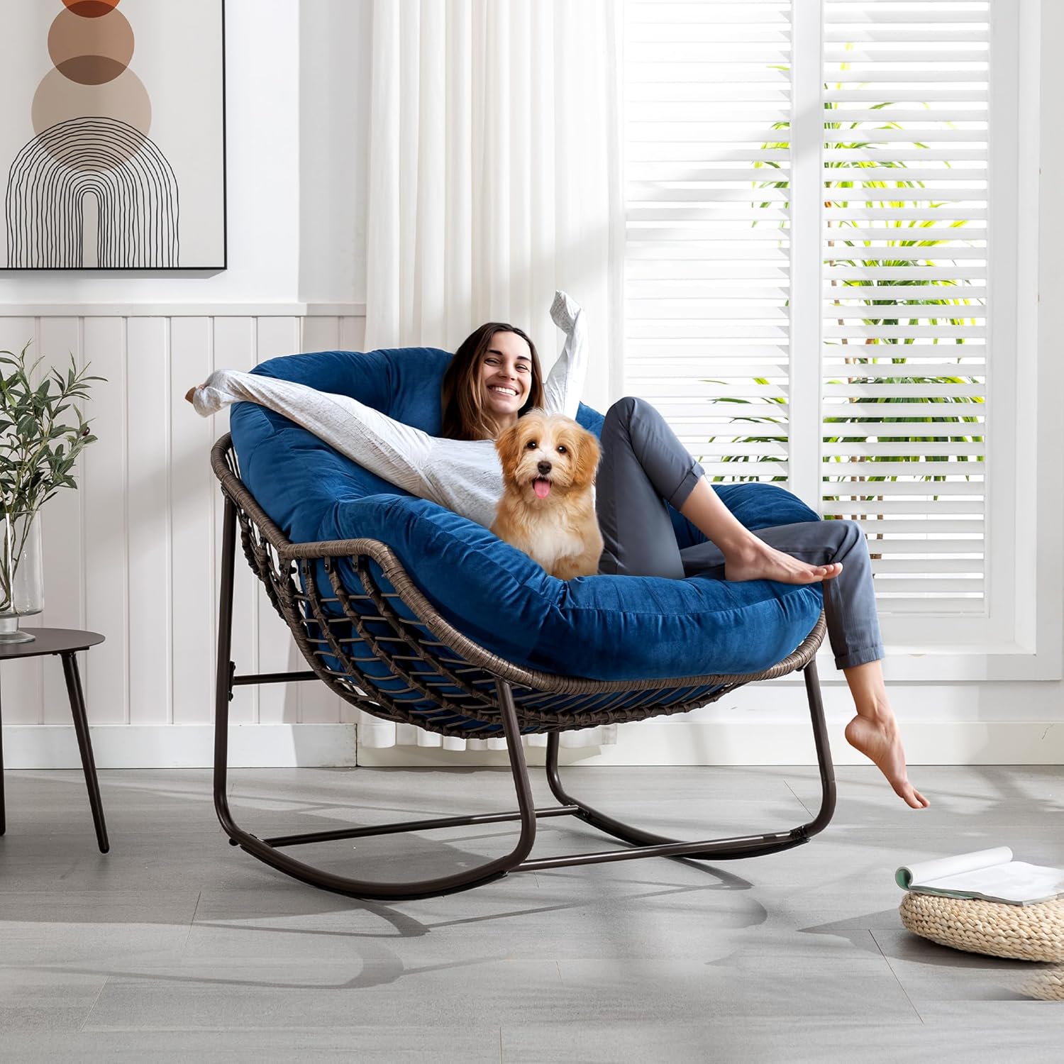 Large Indoor Outdoor Rocking Chair, Oversized Rocking Papasan Chair with Thick Cushion and Frame Outdoor Rocker, Comfy Wicker Egg Chairs Lounge for Outside Porch Patio Backyard Balcony
