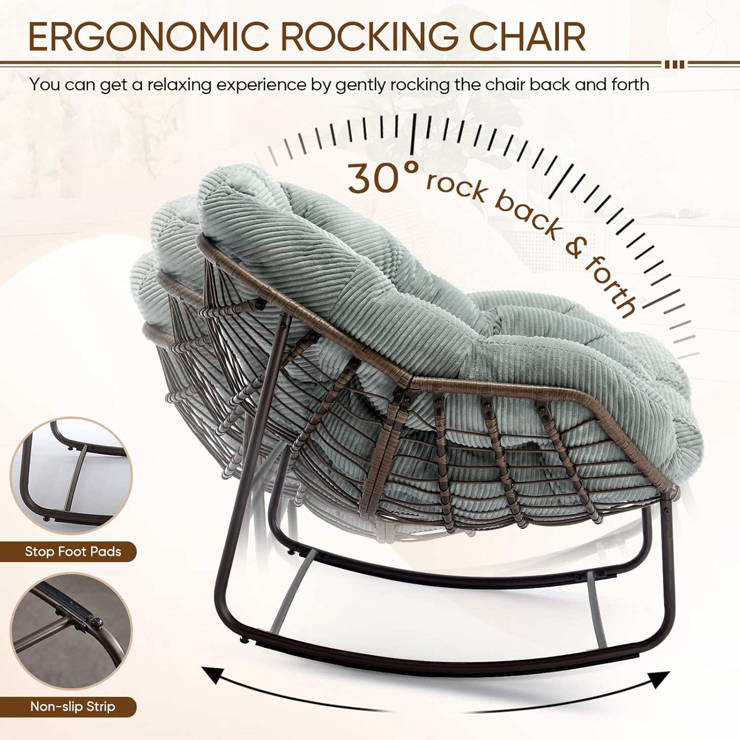 Large Indoor Outdoor Rocking Chair, Oversized Rocking Papasan Chair with Thick Cushion and Frame Outdoor Rocker, Comfy Wicker Egg Chairs Lounge for Outside Porch Patio Backyard Balcony