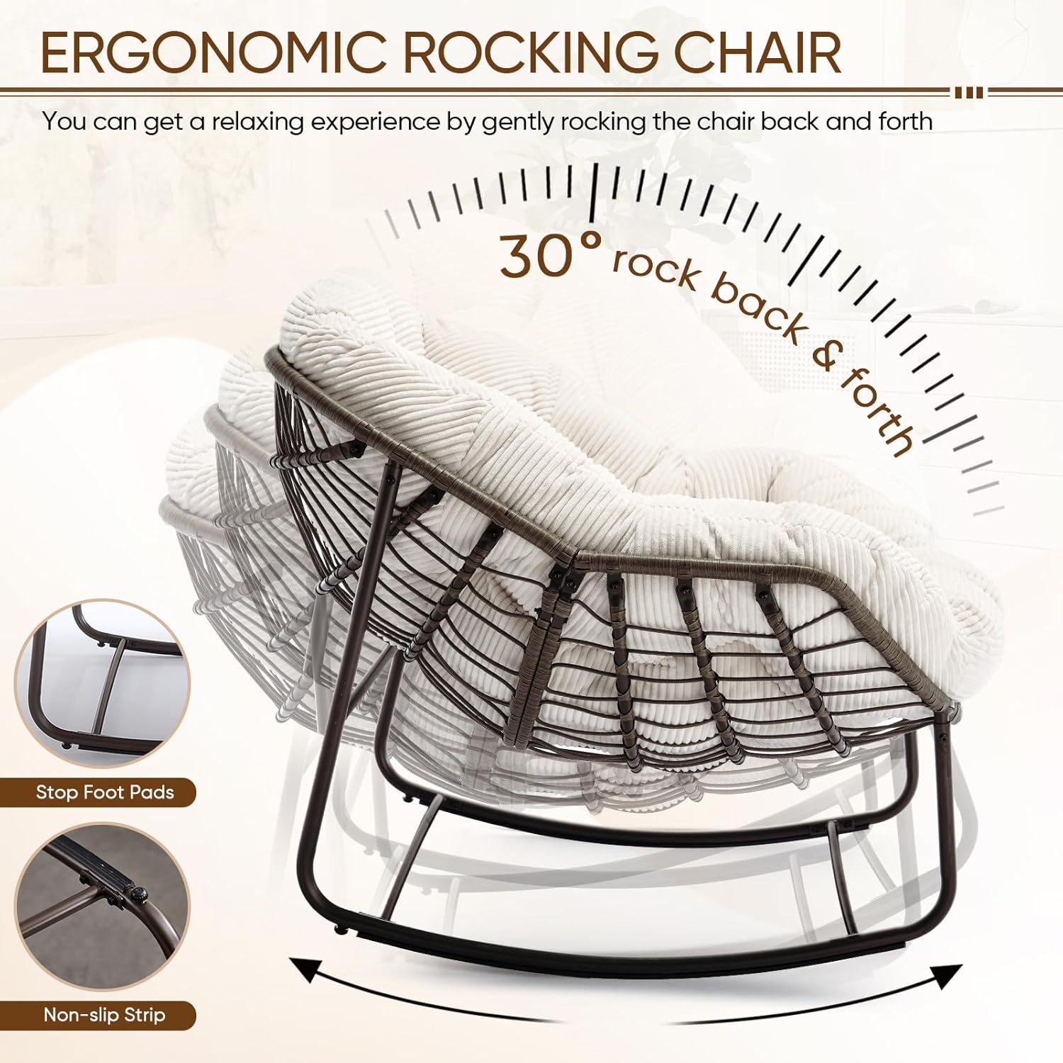 Large Indoor Outdoor Rocking Chair, Oversized Rocking Papasan Chair with Thick Cushion and Frame Outdoor Rocker, Comfy Wicker Egg Chairs Lounge for Outside Porch Patio Backyard Balcony