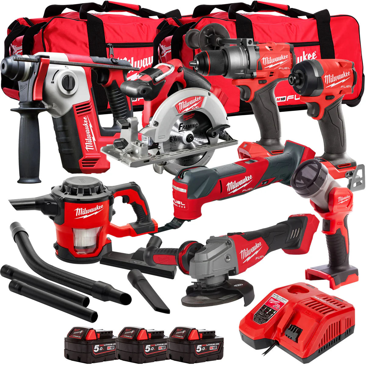 [ALL IN ONE] FREE-SHIPPING | 18V 8 Piece Power Tool Kit with 3 x 5.0Ah Batteries T4TM-24