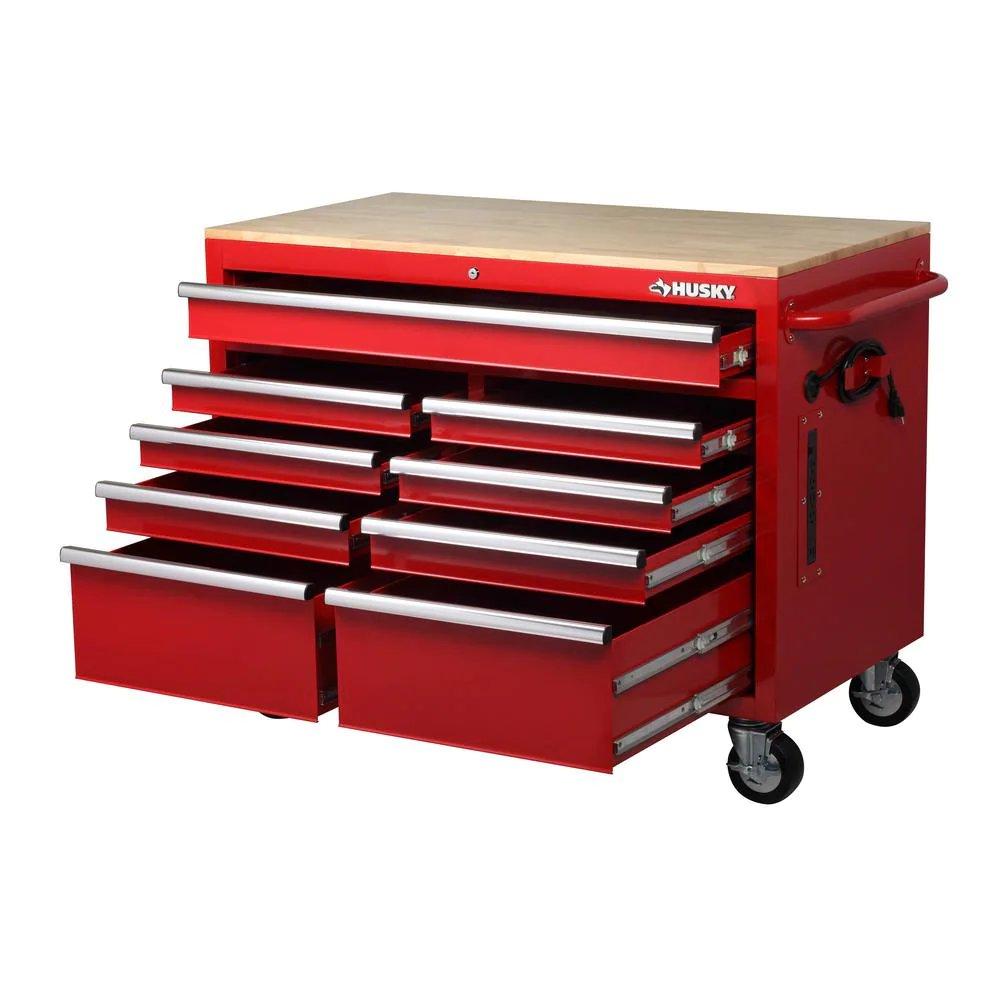 46 in. W x 24.5 in. D 9-Drawer Gloss Red Deep Tool Chest Mobile Workbench with Hardwood Top