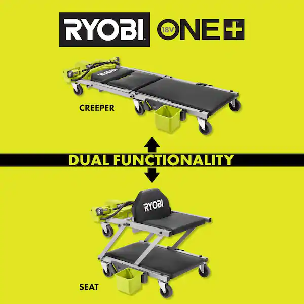 ONE+ 18V Cordless Automotive Dual Function 400 lb. Capacity, 800 Lumen Lighted Mechanic Garage Creeper Seat 