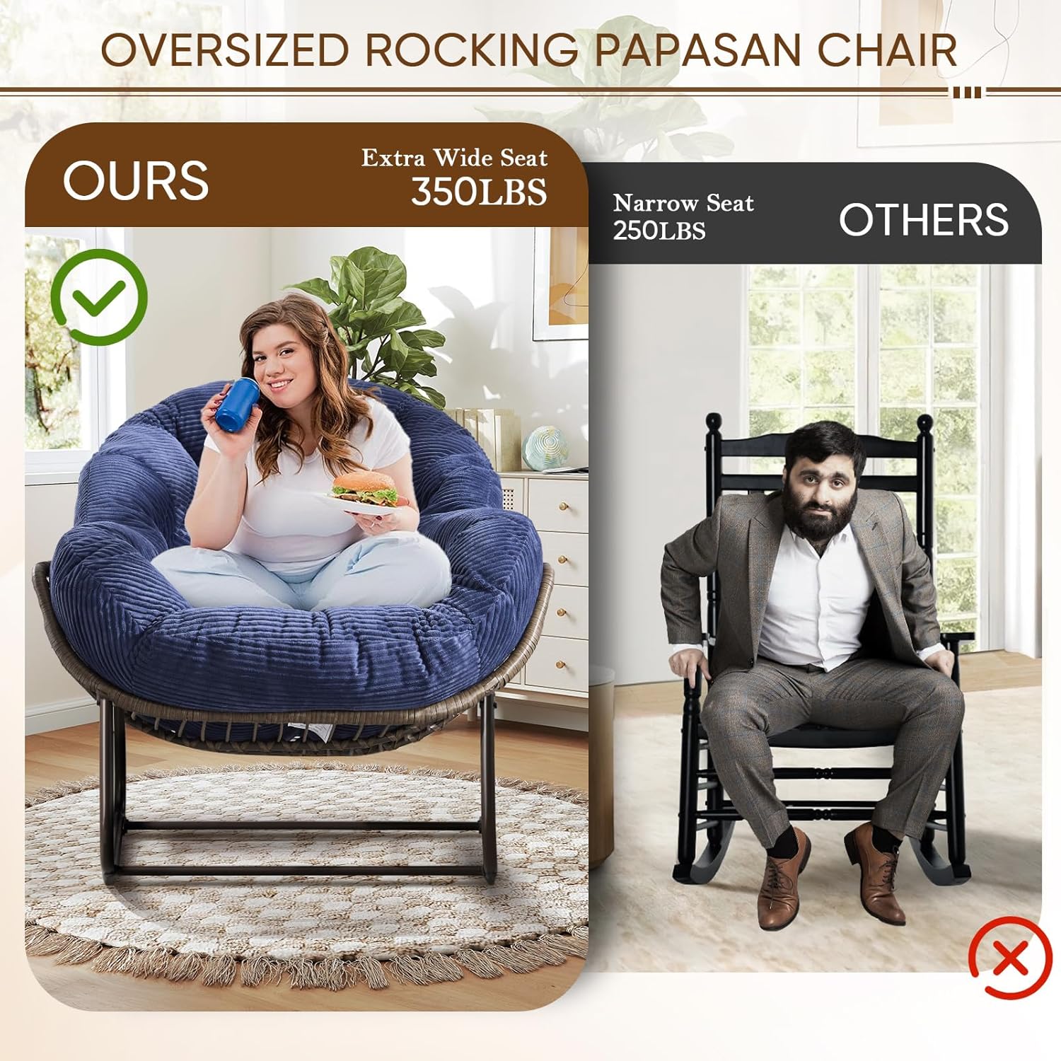 Large Indoor Outdoor Rocking Chair, Oversized Rocking Papasan Chair with Thick Cushion and Frame Outdoor Rocker, Comfy Wicker Egg Chairs Lounge for Outside Porch Patio Backyard Balcony