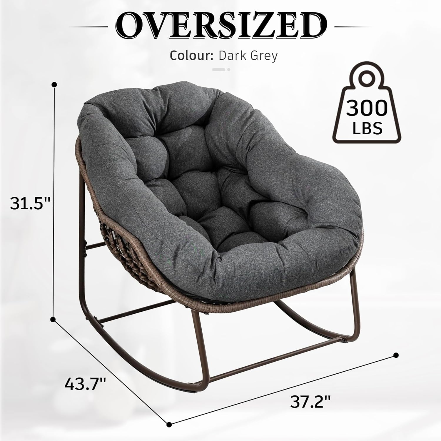 Large Indoor Outdoor Rocking Chair, Oversized Rocking Papasan Chair with Thick Cushion and Frame Outdoor Rocker, Comfy Wicker Egg Chairs Lounge for Outside Porch Patio Backyard Balcony