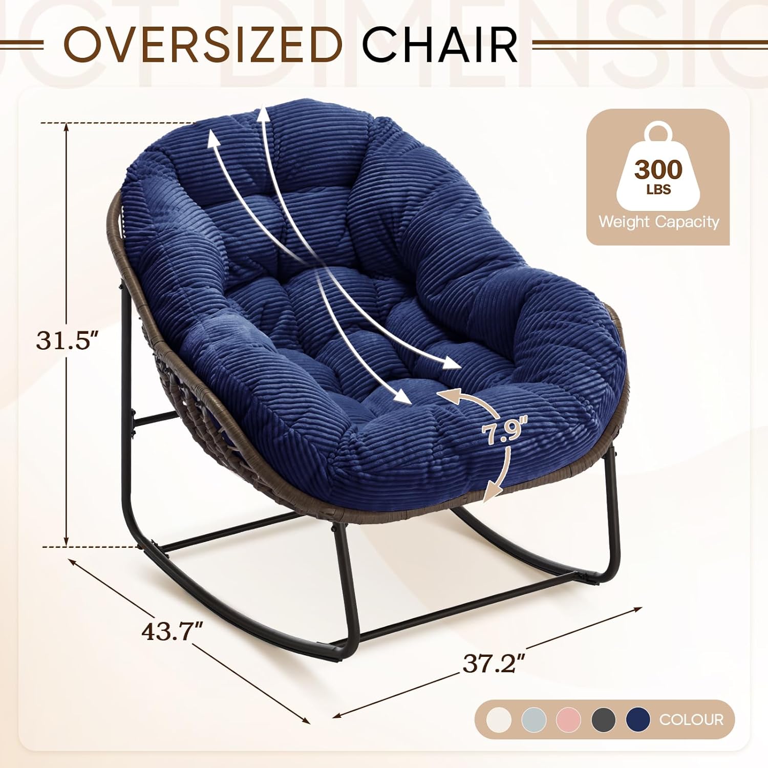 Large Indoor Outdoor Rocking Chair, Oversized Rocking Papasan Chair with Thick Cushion and Frame Outdoor Rocker, Comfy Wicker Egg Chairs Lounge for Outside Porch Patio Backyard Balcony