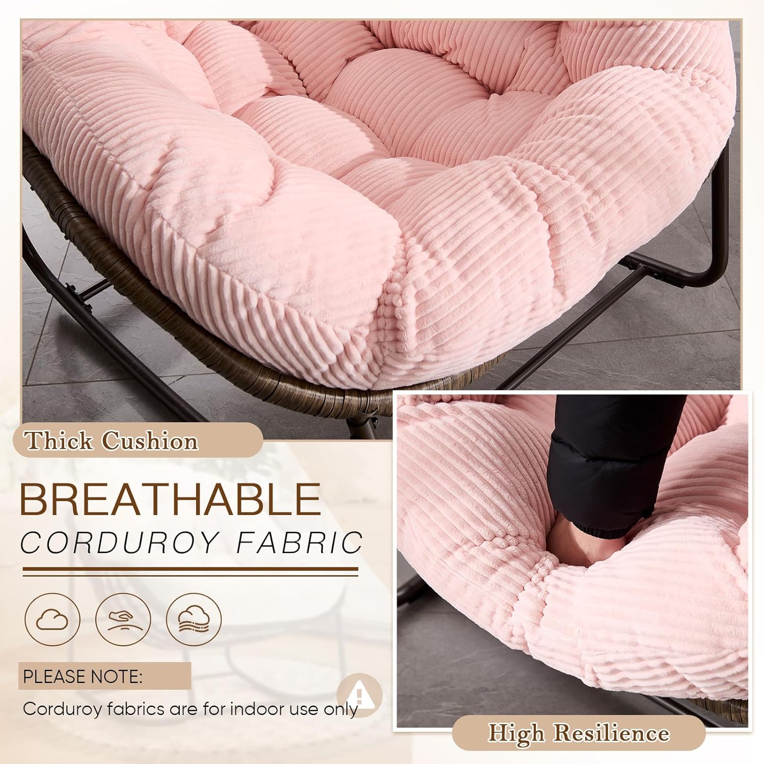 Large Indoor Outdoor Rocking Chair, Oversized Rocking Papasan Chair with Thick Cushion and Frame Outdoor Rocker, Comfy Wicker Egg Chairs Lounge for Outside Porch Patio Backyard Balcony