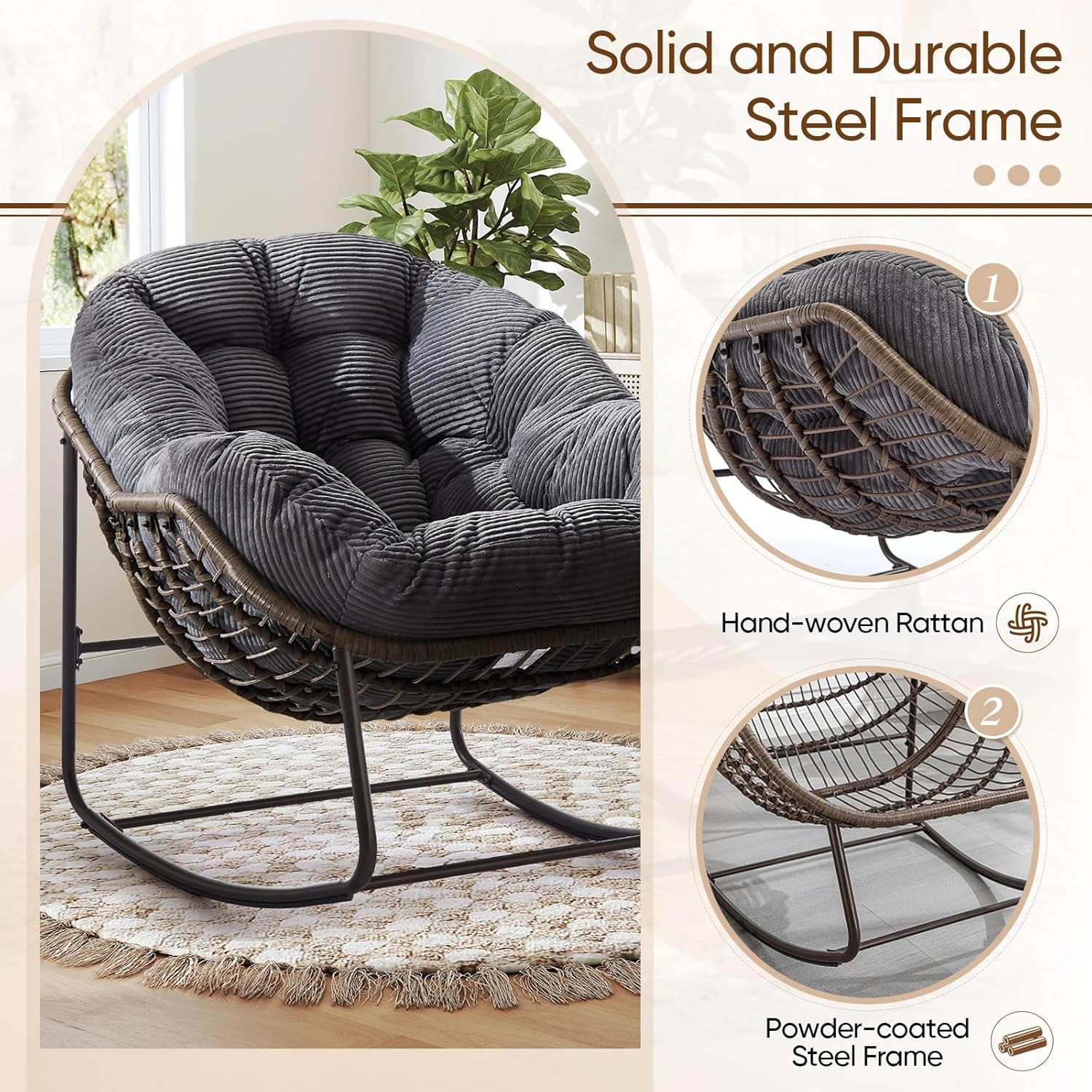 Large Indoor Outdoor Rocking Chair, Oversized Rocking Papasan Chair with Thick Cushion and Frame Outdoor Rocker, Comfy Wicker Egg Chairs Lounge for Outside Porch Patio Backyard Balcony