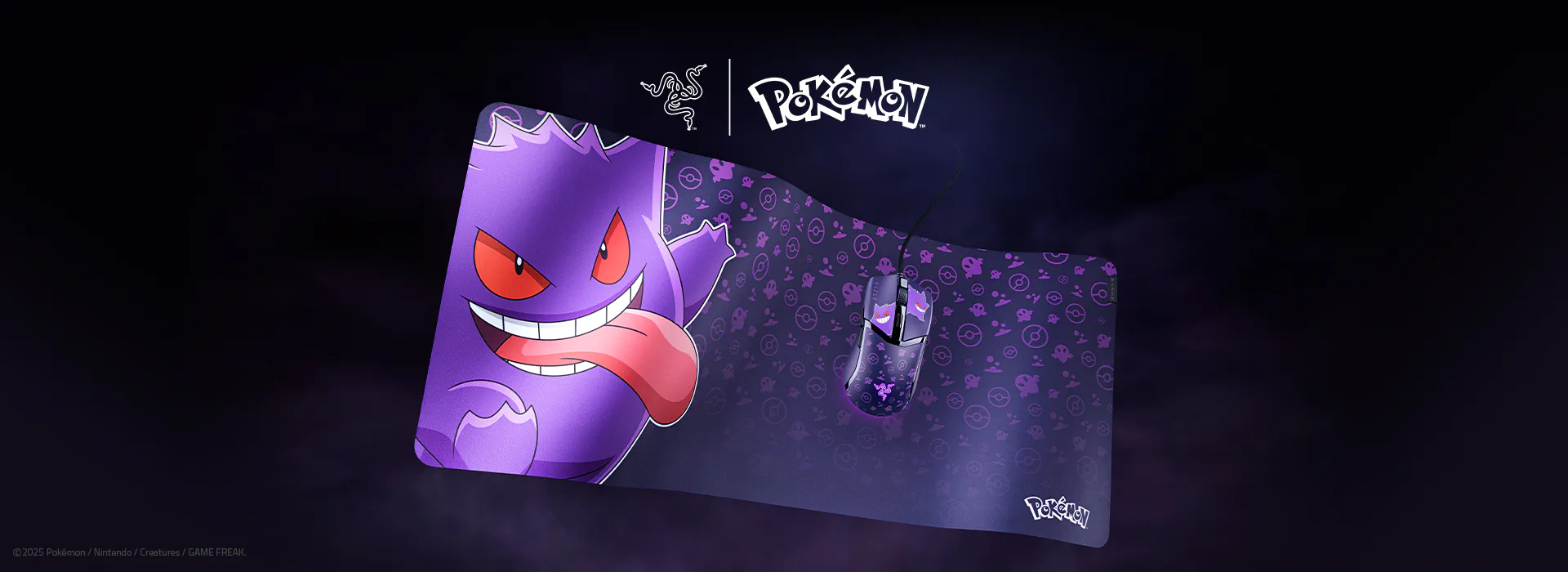 Razer Gengar Edition mouse mat featuring Pok&eacute;mon Gengar, Razer logo, and Pok&eacute;mon logo. &copy;2025 Pok&eacute;mon / Nintendo / Creatures / GAME FREAK.