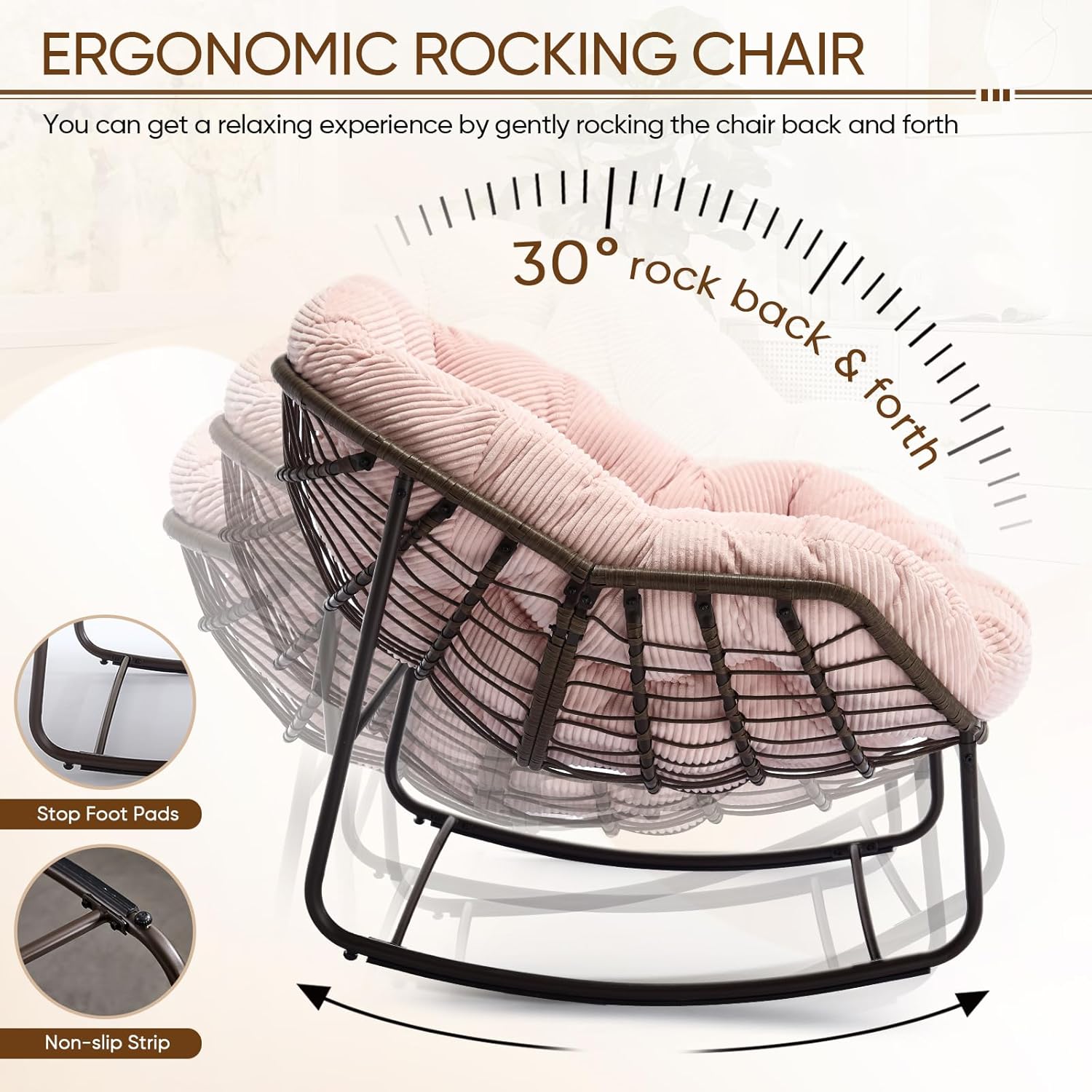 Large Indoor Outdoor Rocking Chair, Oversized Rocking Papasan Chair with Thick Cushion and Frame Outdoor Rocker, Comfy Wicker Egg Chairs Lounge for Outside Porch Patio Backyard Balcony