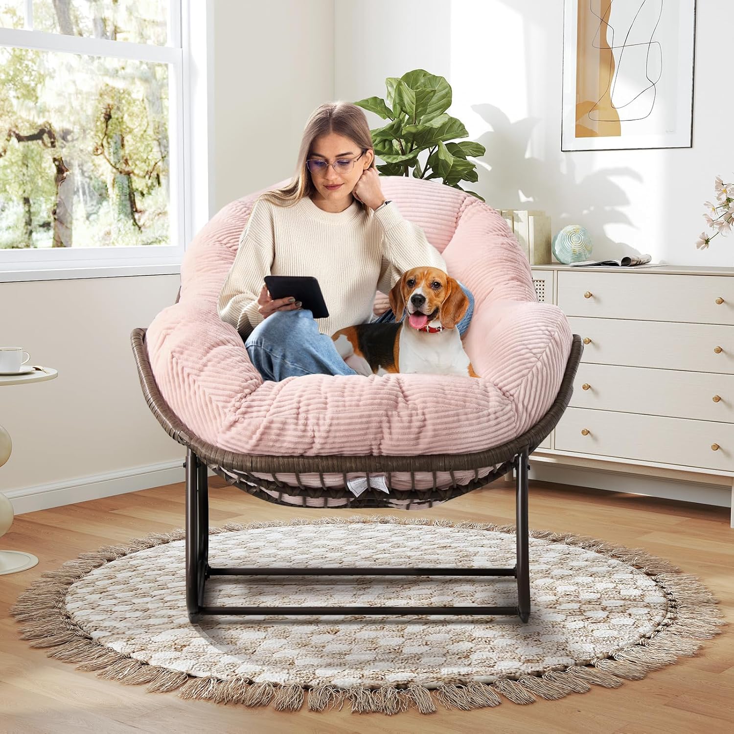 Large Indoor Outdoor Rocking Chair, Oversized Rocking Papasan Chair with Thick Cushion and Frame Outdoor Rocker, Comfy Wicker Egg Chairs Lounge for Outside Porch Patio Backyard Balcony