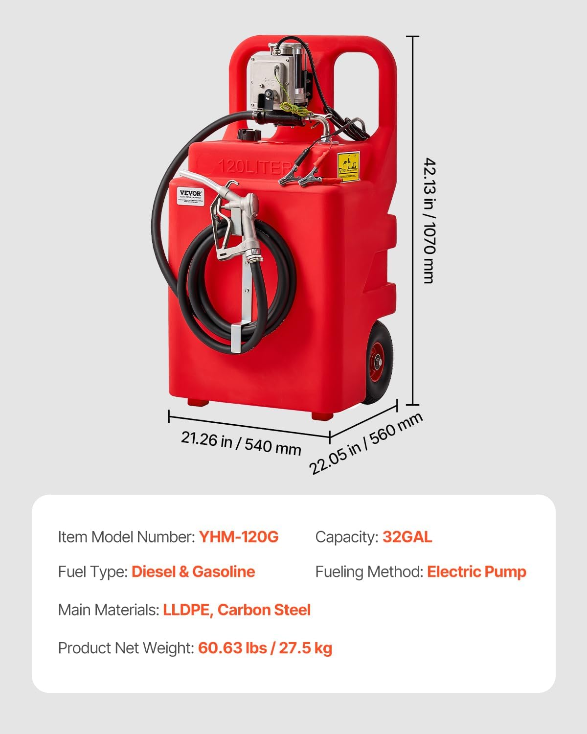 VEVOR Fuel Caddy, 32 Gallon, Portable Fuel Tank with 12V DC 15 GPM Electric Fuel Transfer Pump, 13 ft Delivery Hose & Aluminum Alloy Manual Nozzle, Gas Caddy for Motorboats, ATVs, Diesel & Gasoline