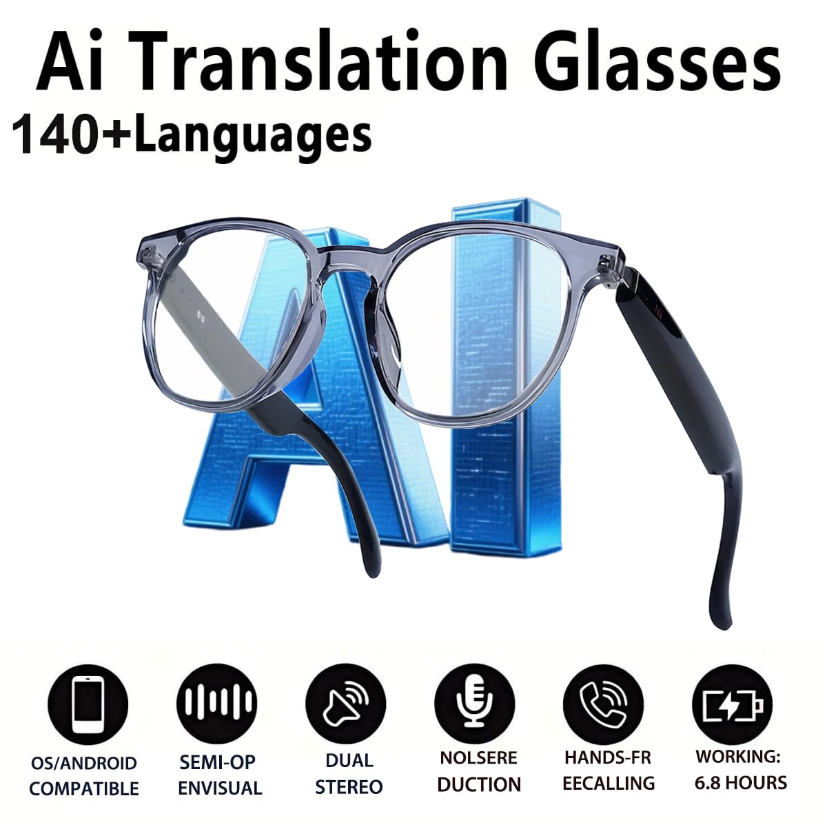 MNVOEQ AI Smart Wireless Bluetooth Translation Glasses for Men/Women with Speakers/Bluetooth&140+ Languages Translation Sports/Travel/Drive/Busniess (C1+AI+Color Change Lenses+Black)