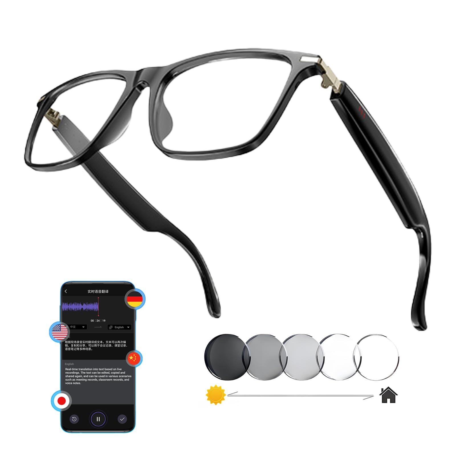 MNVOEQ AI Smart Wireless Bluetooth Translation Glasses for Men/Women with Speakers/Bluetooth&140+ Languages Translation Sports/Travel/Drive/Busniess (C1+AI+Color Change Lenses+Black)