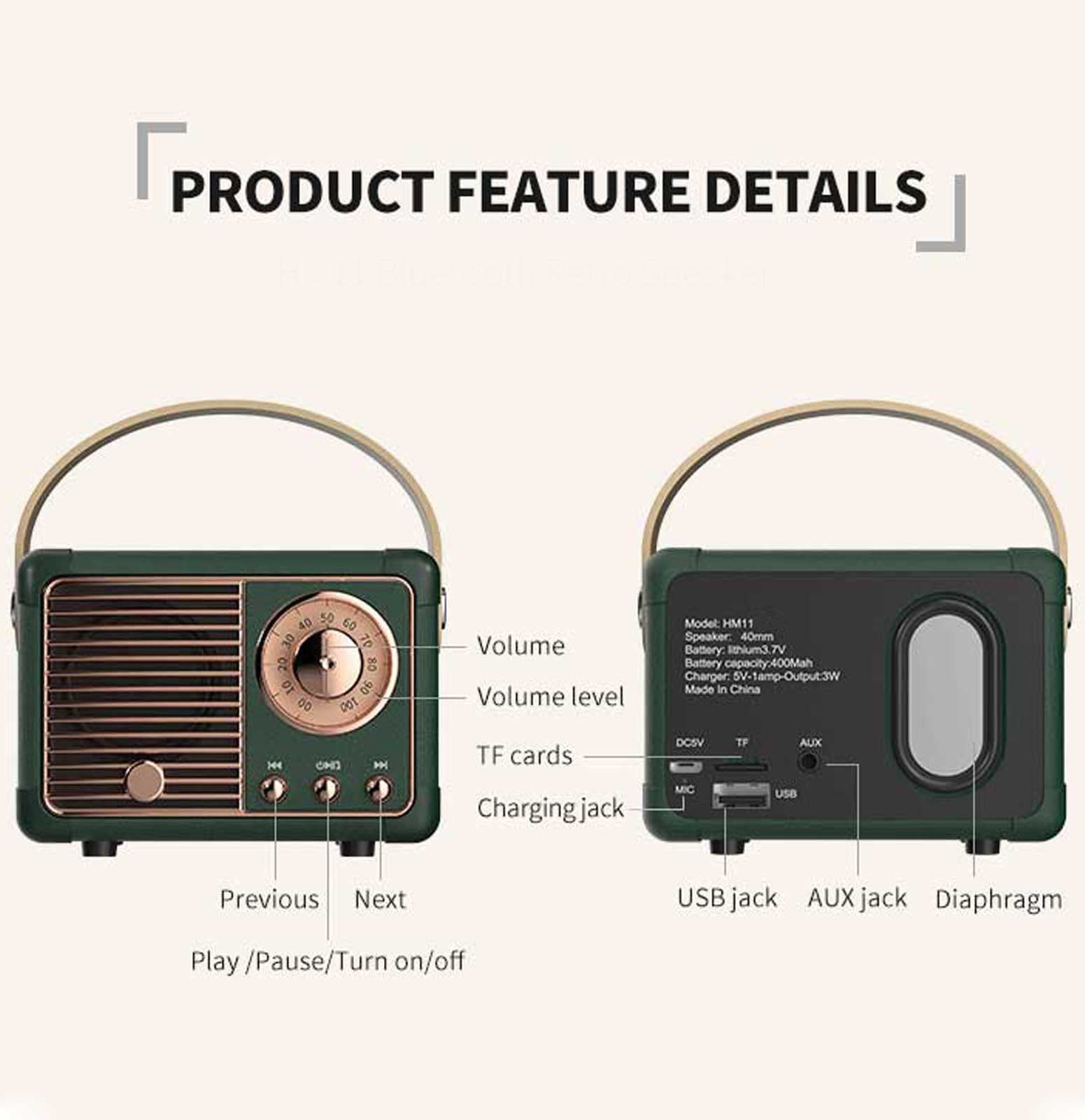 Dosmix Retro Bluetooth Speaker, Vintage Decor, Mini Wireless Bluetooth Speaker, Cute Old Fashion Style for Kitchen Desk Bedroom Office Party Outdoor Accessories for iPhone Android (Green)