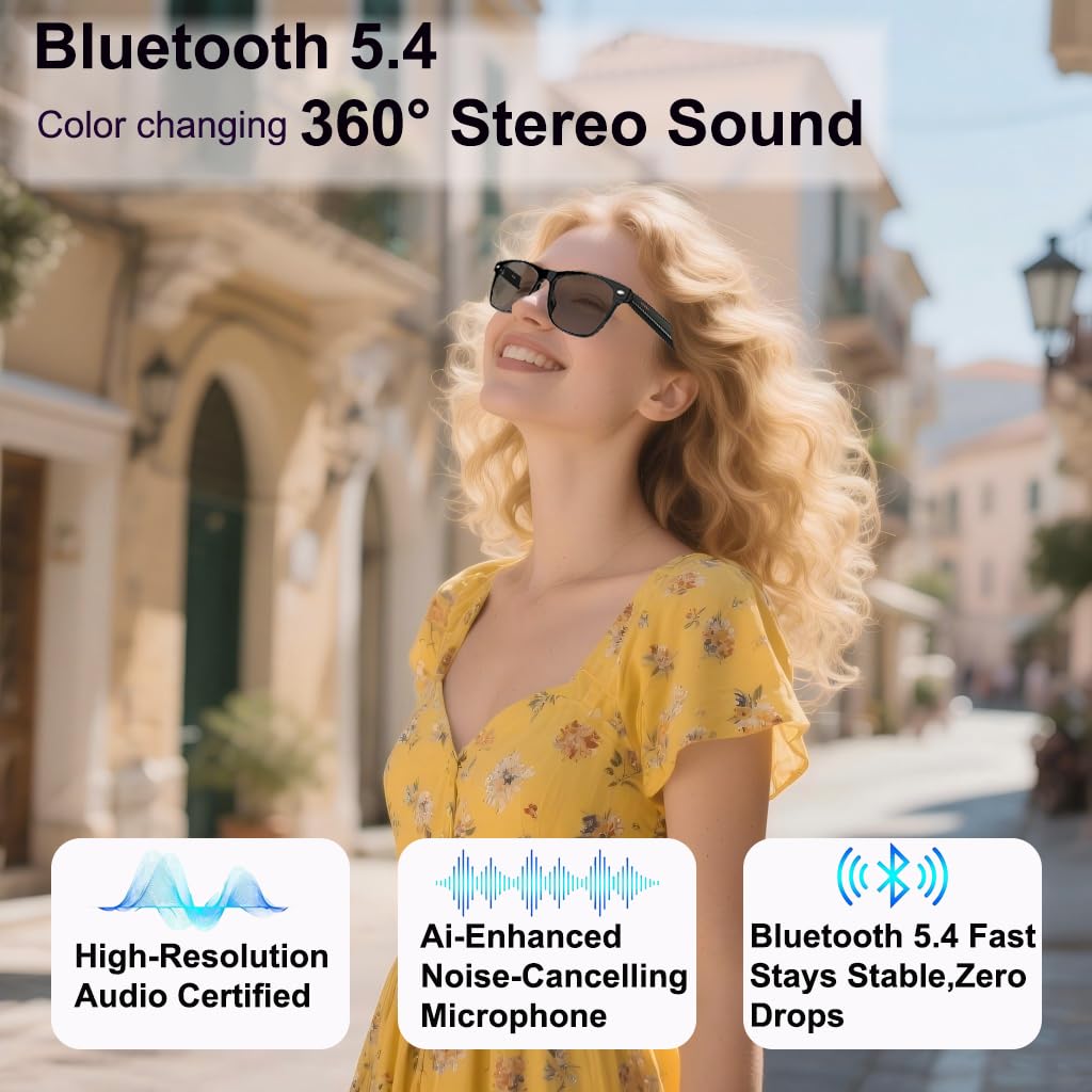 MNVOEQ AI Smart Wireless Bluetooth Translation Glasses for Men/Women with Speakers/Bluetooth&140+ Languages Translation Sports/Travel/Drive/Busniess (C1+AI+Color Change Lenses+Black)