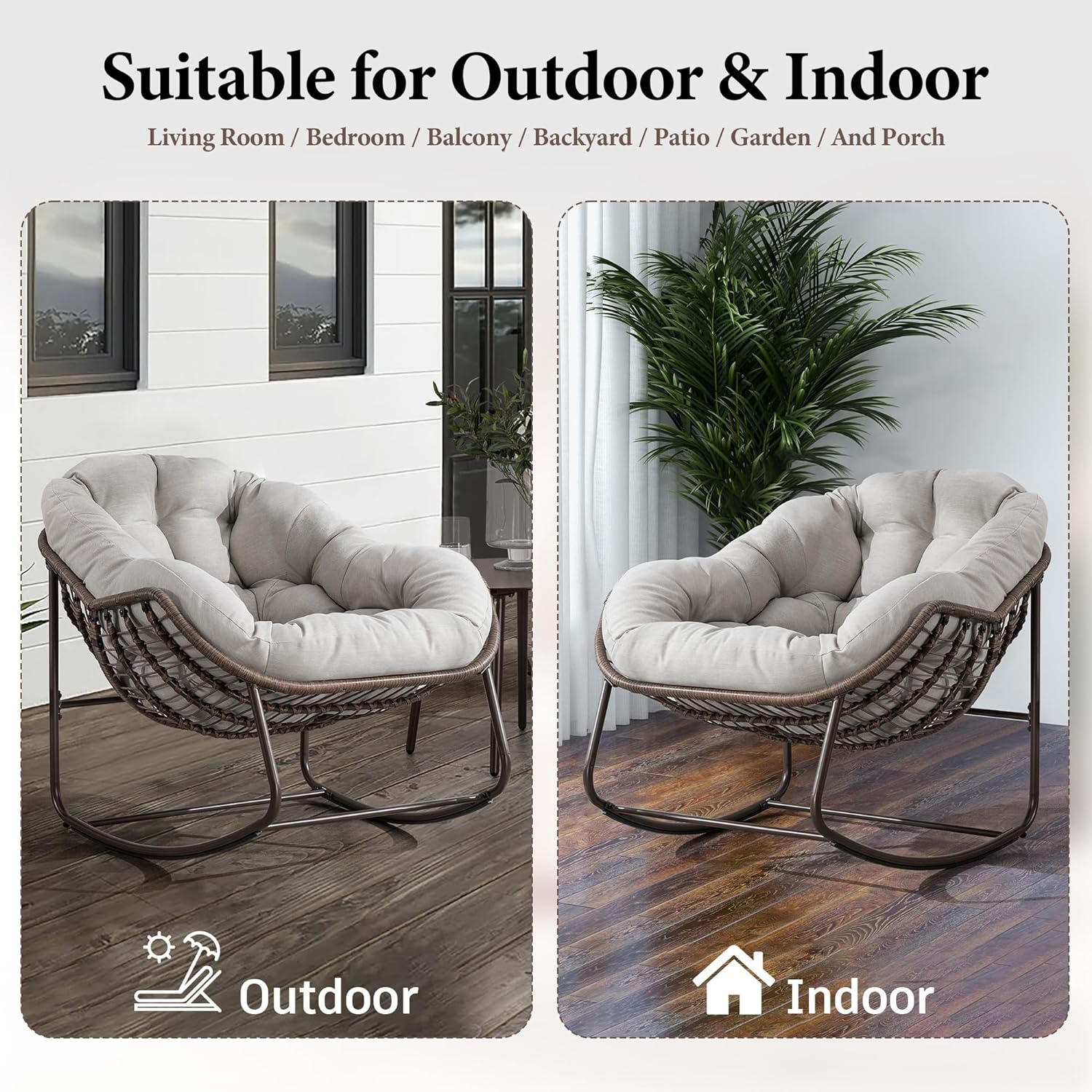 Large Indoor Outdoor Rocking Chair, Oversized Rocking Papasan Chair with Thick Cushion and Frame Outdoor Rocker, Comfy Wicker Egg Chairs Lounge for Outside Porch Patio Backyard Balcony
