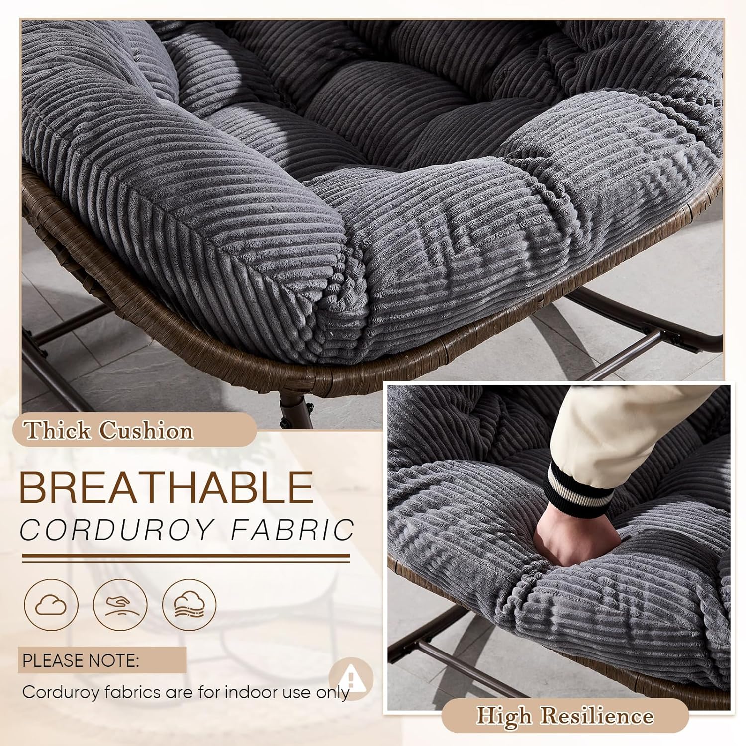 Large Indoor Outdoor Rocking Chair, Oversized Rocking Papasan Chair with Thick Cushion and Frame Outdoor Rocker, Comfy Wicker Egg Chairs Lounge for Outside Porch Patio Backyard Balcony