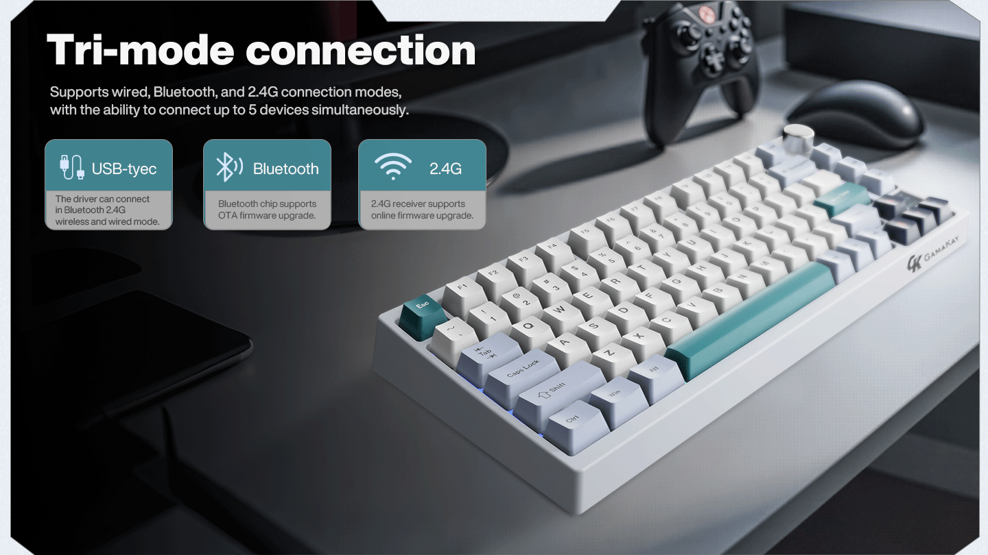 The Gamakay TK75V2 Mechanical Silent Keyboard offers three connection modes: wired mode, 2.4GH, and Bluetooth for easy use on Windows and Mac systems.