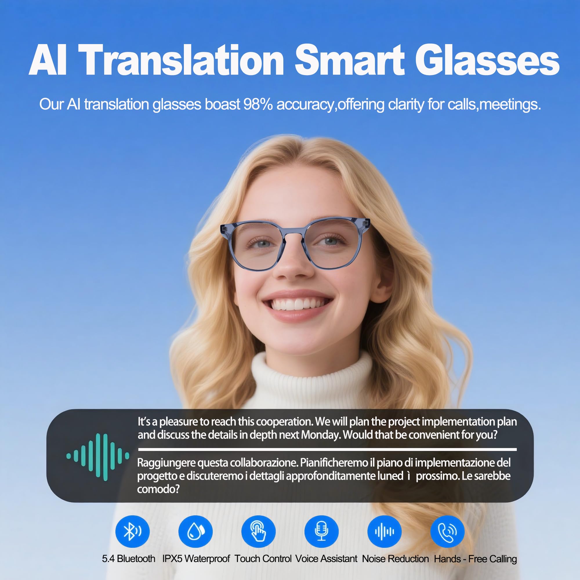 MNVOEQ AI Smart Wireless Bluetooth Translation Glasses for Men/Women with Speakers/Bluetooth&140+ Languages Translation Sports/Travel/Drive/Busniess (C1+AI+Color Change Lenses+Black)