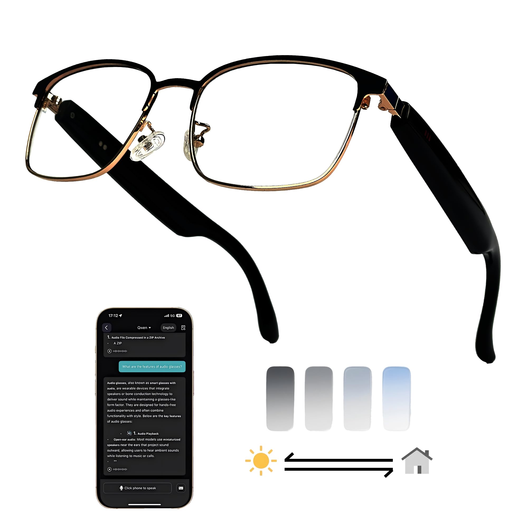 MNVOEQ AI Smart Wireless Bluetooth Translation Glasses for Men/Women with Speakers/Bluetooth&140+ Languages Translation Sports/Travel/Drive/Busniess (C1+AI+Color Change Lenses+Black)