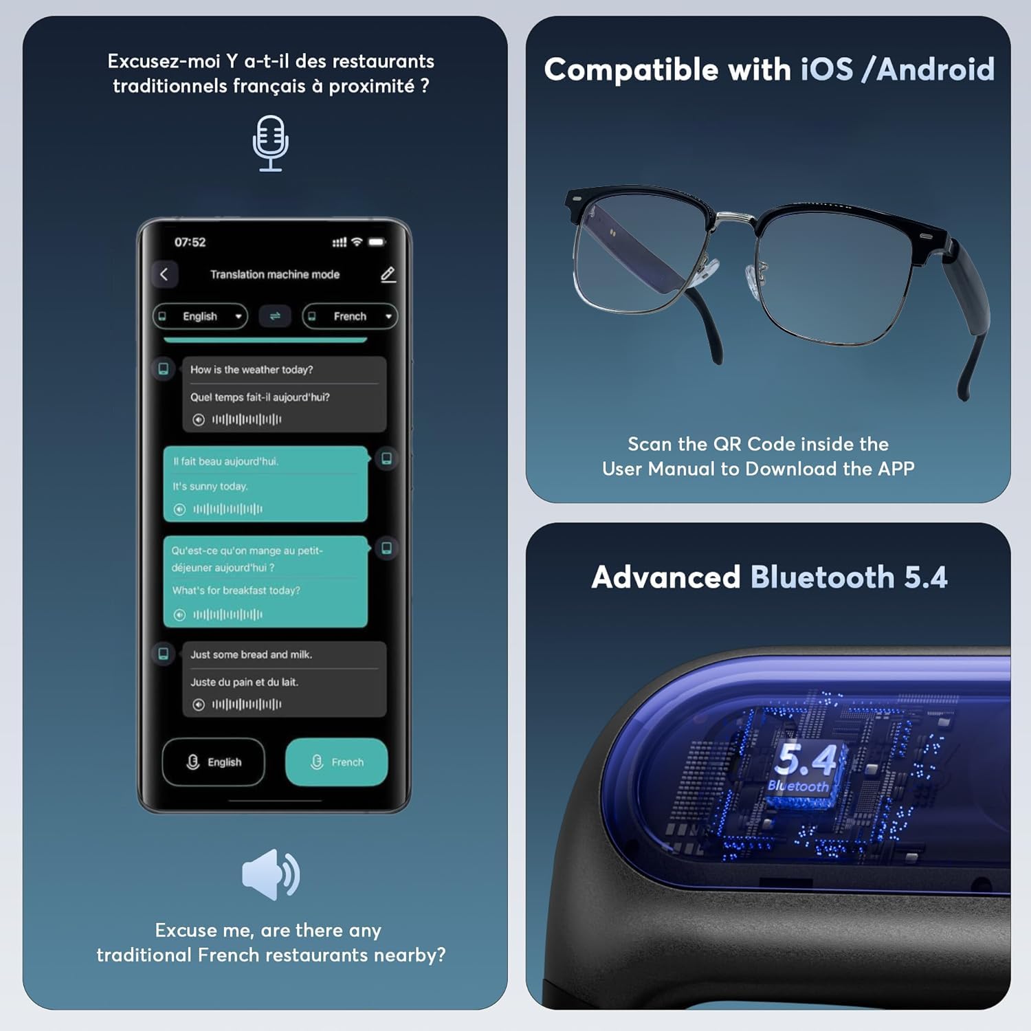 MNVOEQ AI Smart Wireless Bluetooth Translation Glasses for Men/Women with Speakers/Bluetooth&140+ Languages Translation Sports/Travel/Drive/Busniess (C1+AI+Color Change Lenses+Black)