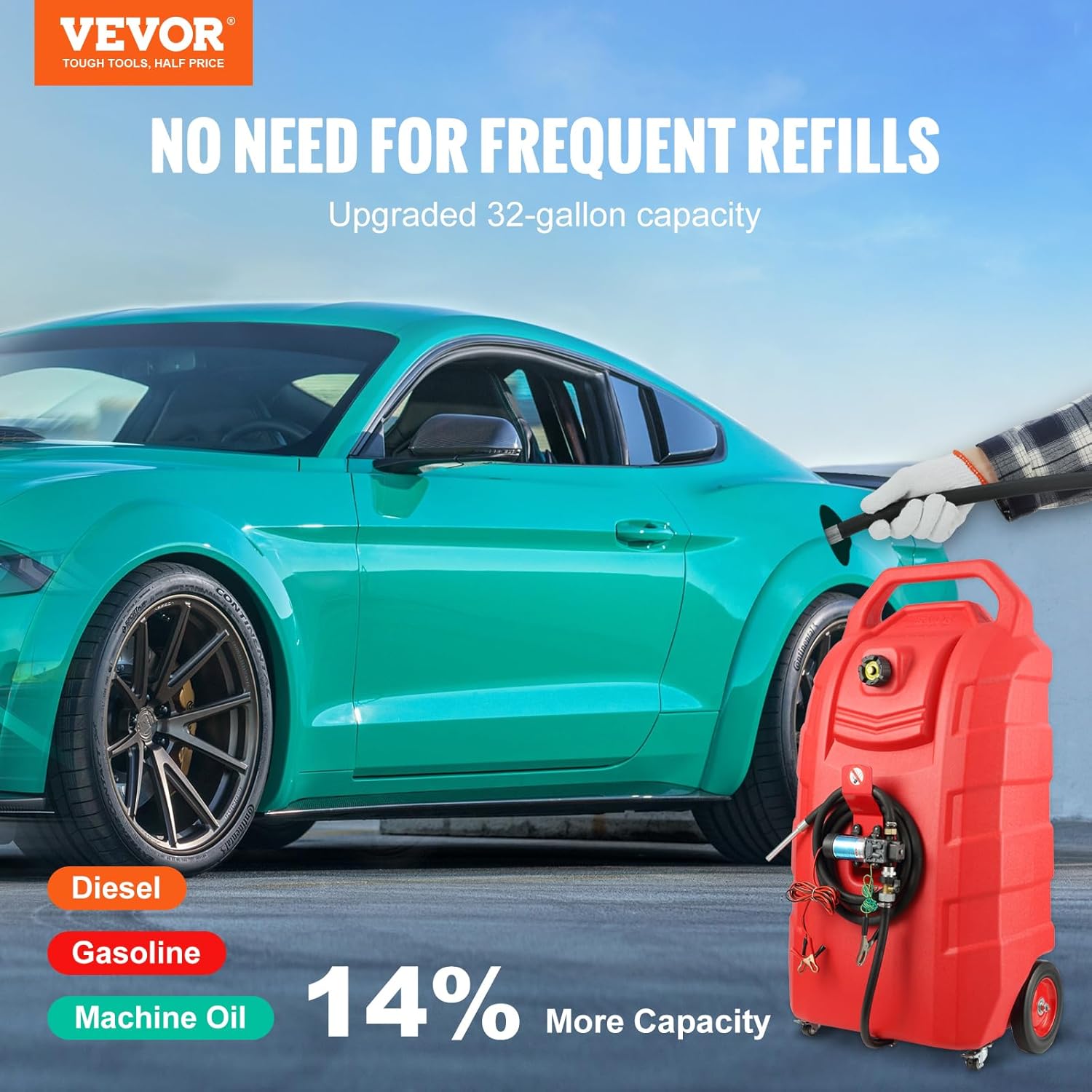 VEVOR Fuel Caddy, 32 Gallon, Portable Fuel Tank with 12V DC 15 GPM Electric Fuel Transfer Pump, 13 ft Delivery Hose & Aluminum Alloy Manual Nozzle, Gas Caddy for Motorboats, ATVs, Diesel & Gasoline
