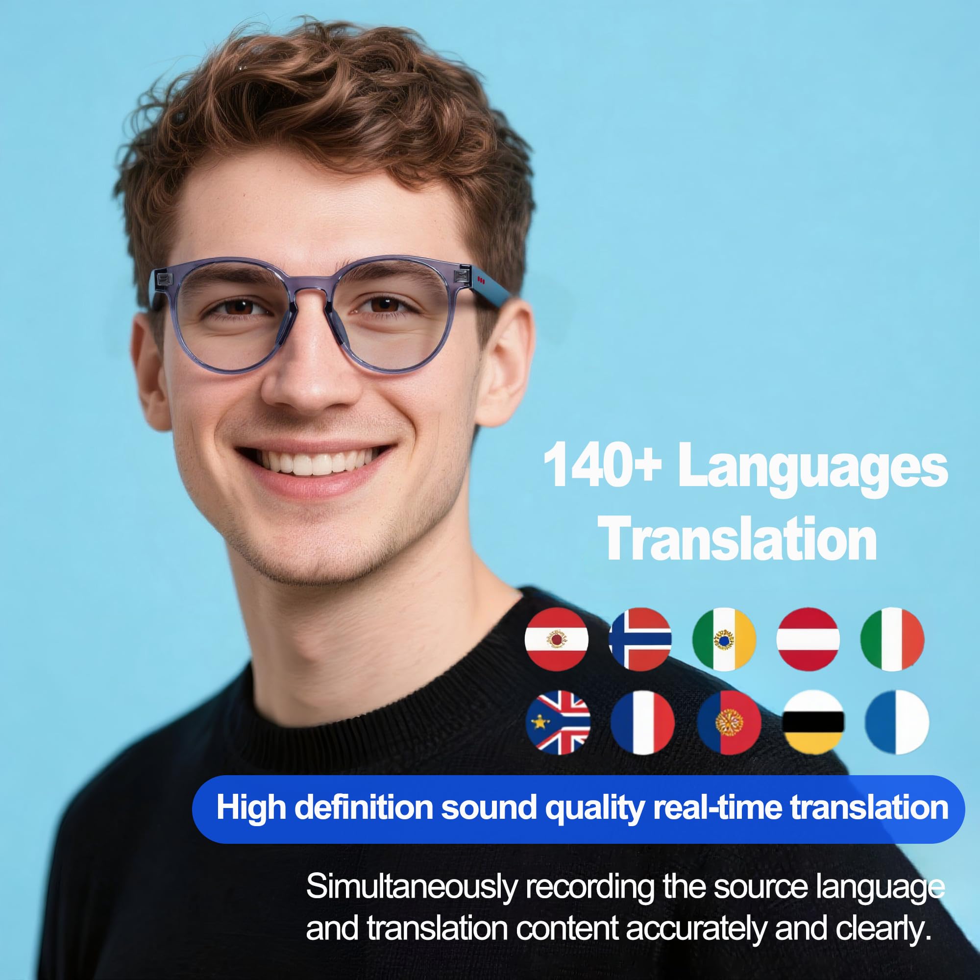 MNVOEQ AI Smart Wireless Bluetooth Translation Glasses for Men/Women with Speakers/Bluetooth&140+ Languages Translation Sports/Travel/Drive/Busniess (C1+AI+Color Change Lenses+Black)