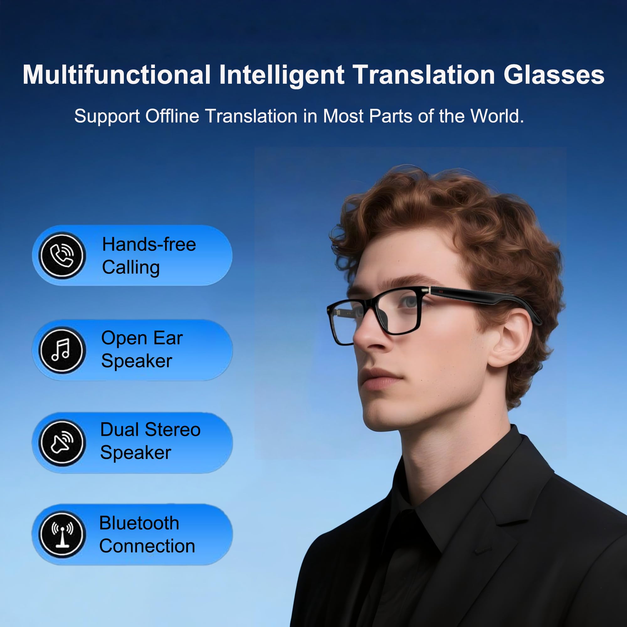 MNVOEQ AI Smart Wireless Bluetooth Translation Glasses for Men/Women with Speakers/Bluetooth&140+ Languages Translation Sports/Travel/Drive/Busniess (C1+AI+Color Change Lenses+Black)
